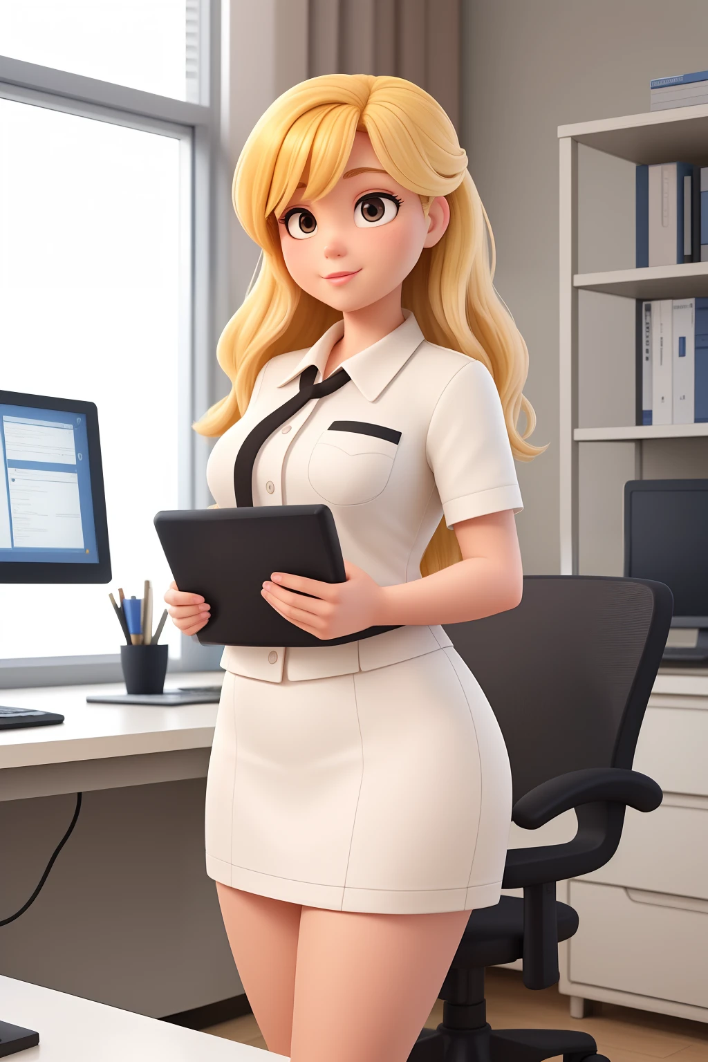A woman with medium blond hair pouting, Works with computer science in a hospital . she is a little chubby, but not too much. No estilo Disney Pixar