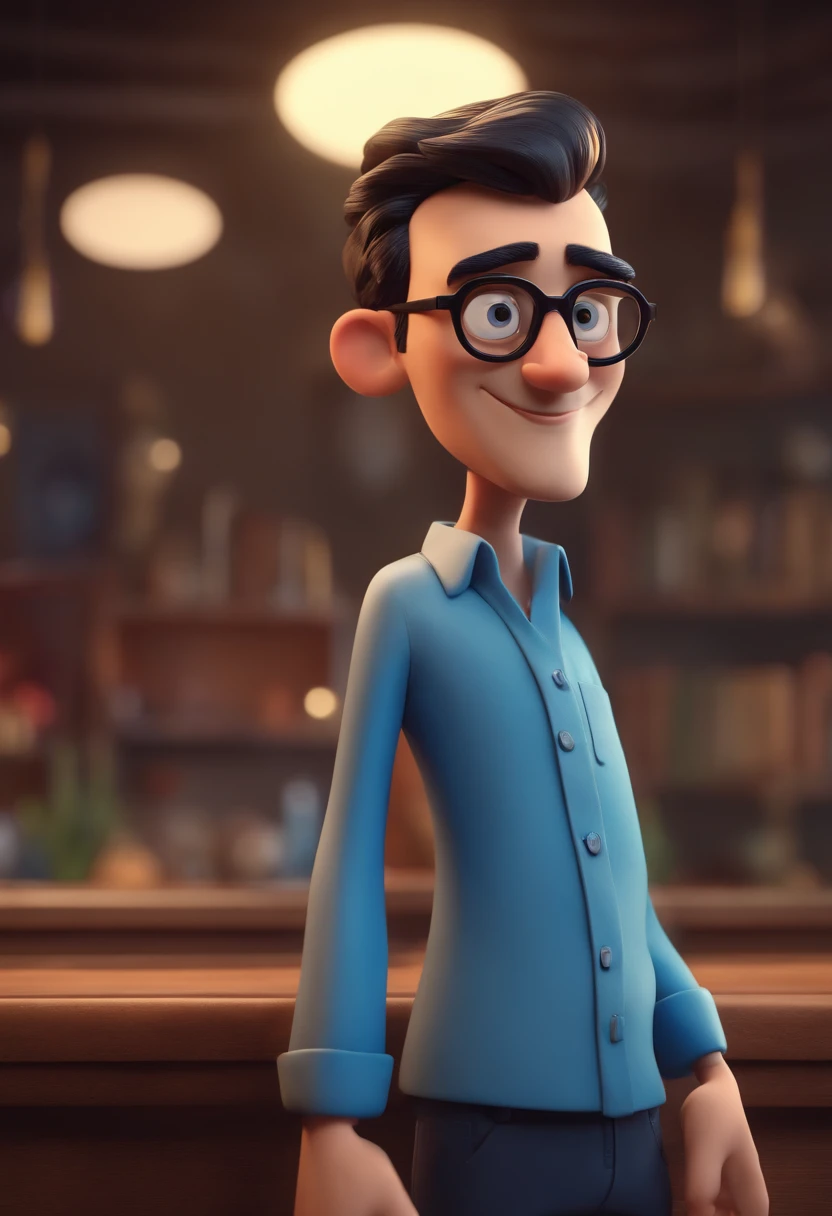 Cartoon character of a man with black glasses and a blue shirt, animation character, Caractere estilizado, animation style rendering, 3D estilizado,
