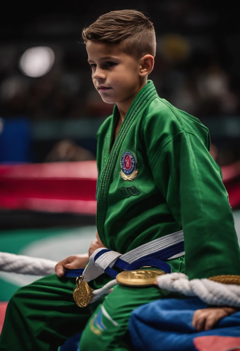 Imagem de um  com cabelos cacheados pretos, olhos verdes, cor de pele branca, with a jiu-jitsu gi on top of a first-place podium with a gold medal