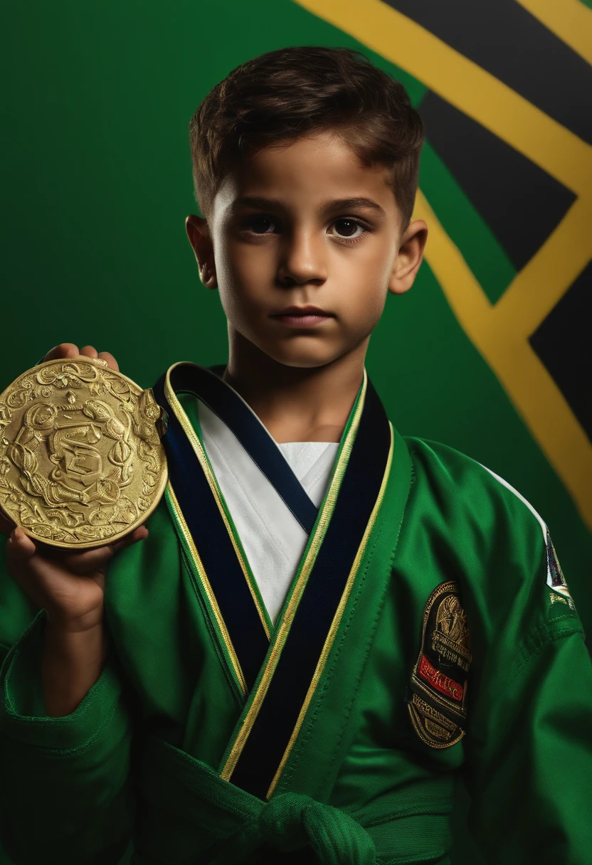 Imagem de um menino com cabelos cacheados pretos, olhos verdes, cor de pele branca, with a jiu-jitsu gi on top of a first-place podium with a gold medal