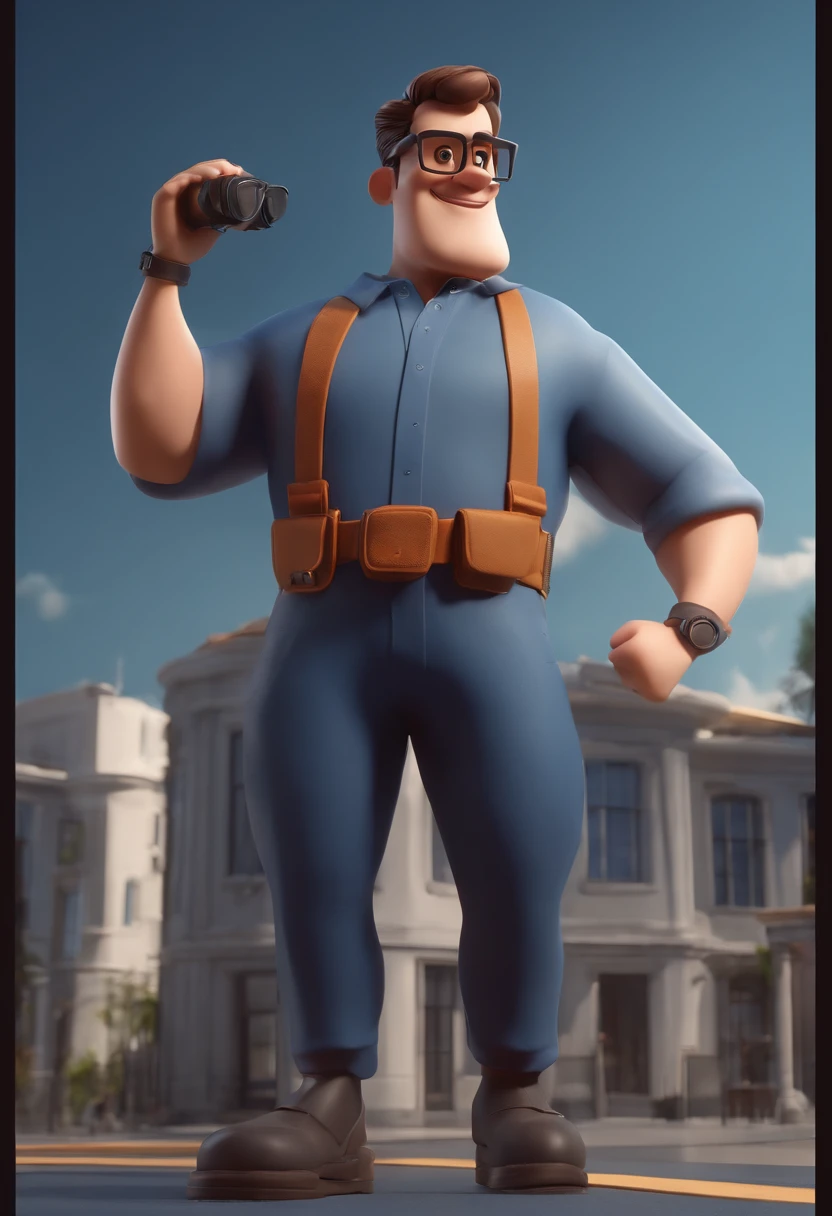 Cartoon character of a man with black glasses and a manpower overalls, capacete de obra branco, segurando uma prancheta, Pencil in the ear, Background of a building, animation character, Caractere estilizado, animation style rendering, 3D estilizado, Arnold Maya render, 3 d render stylized, toon render keyshot, Personagem 3D, Personagem 3D, 3d rendering stylized, 3 d character render, personagem de desenho animado, Personagem de close up, Pose de personagem,  (Estilo Pixar) (master part:1.2) (Bokeh) (best quality) (pele detalhada) (textura detalhada) (8k) (argila) (Cinematic lighting) (foco nítido