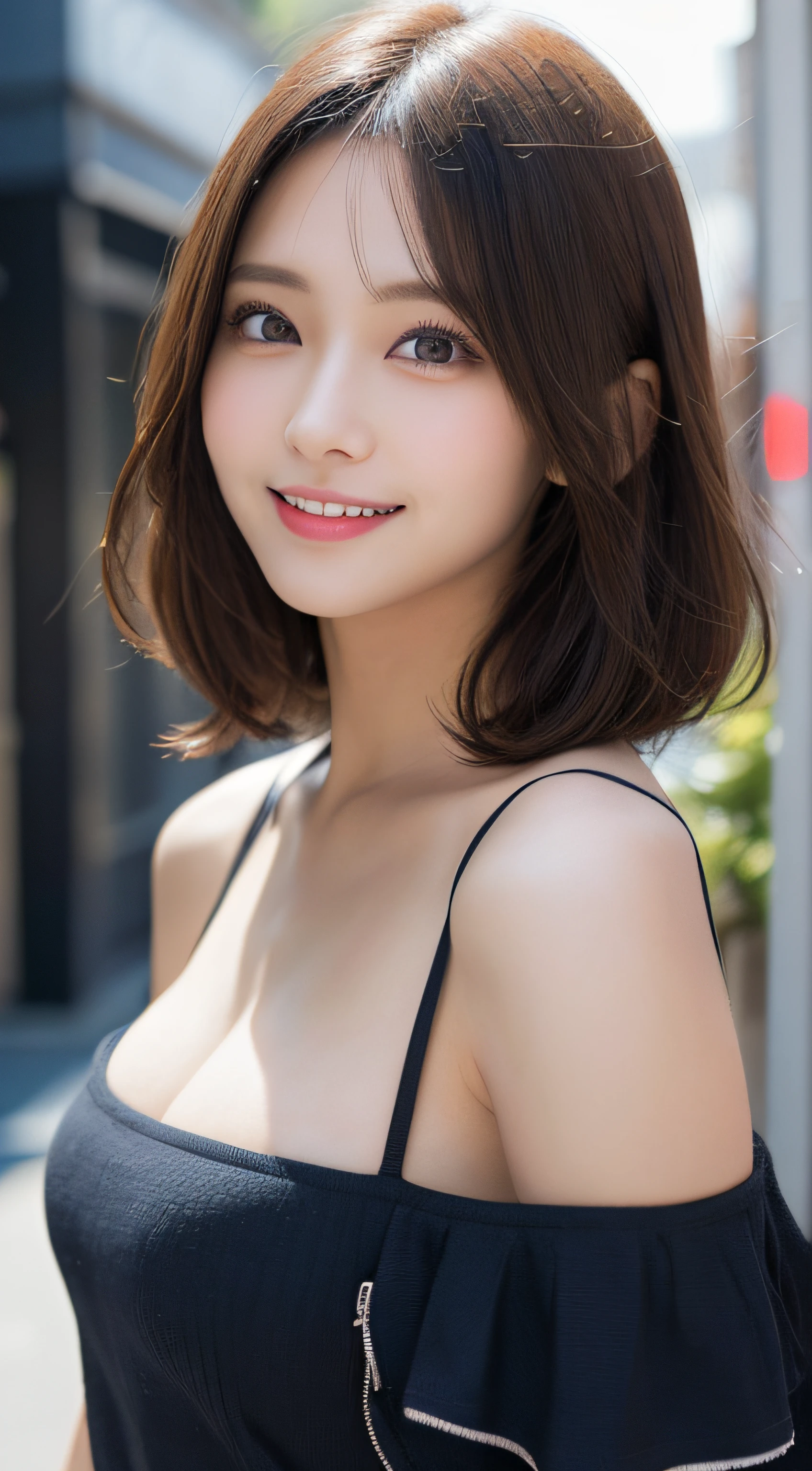 masutepiece, Best Quality, Illustration, Ultra-detailed, finely detail, hight resolution, 8K Wallpaper, Perfect dynamic composition, Beautiful detailed eyes, Women's Fashion Summer,Bob Hair,mid-chest, Natural Color Lip, Bold sexy poses,Smile,Harajuku、24-year-old girl、Cute、Sexy shot looking at camera