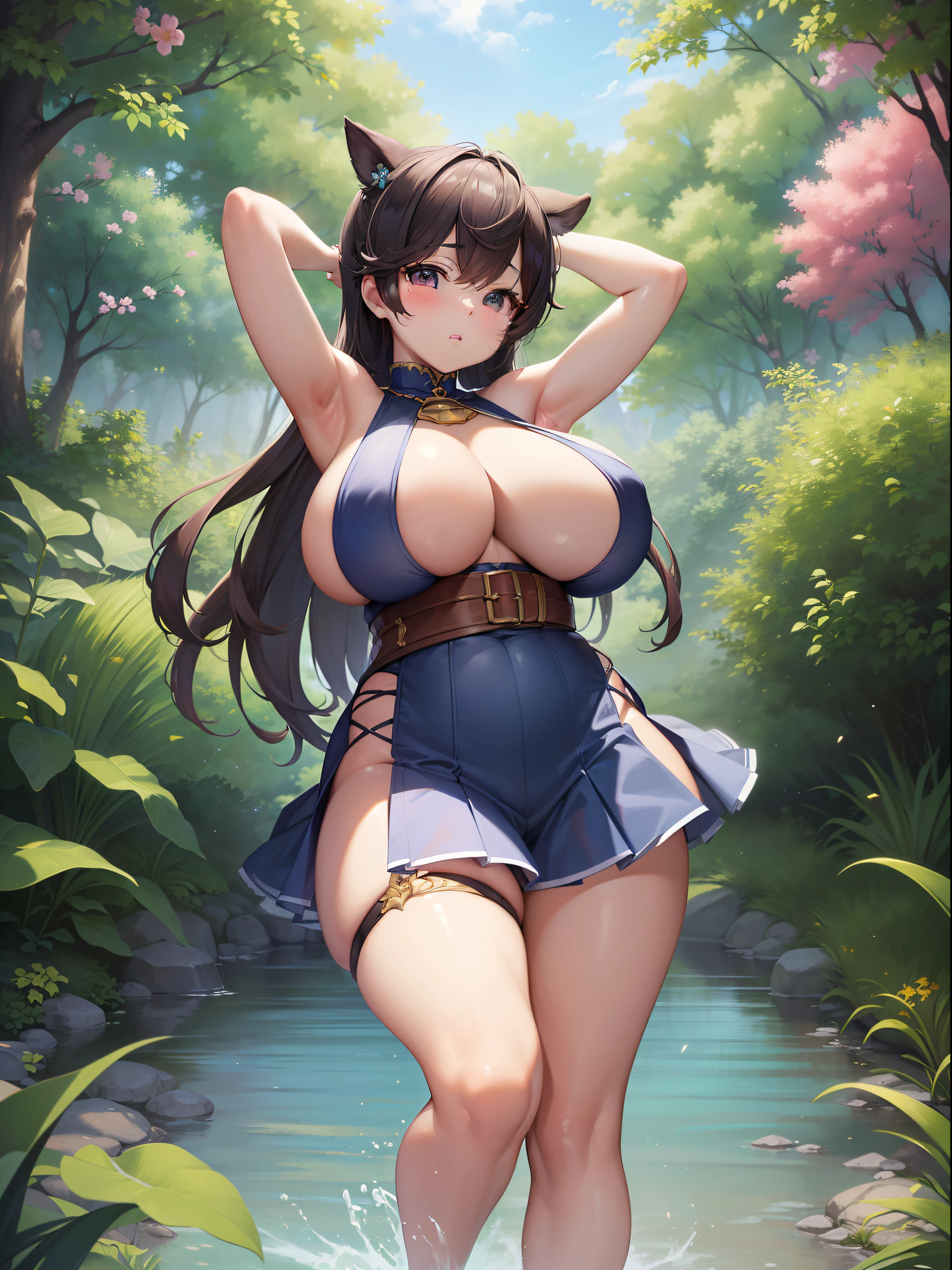 (masterpiece)), ((best quality)), (ultra-detailed), ((kawaii)), cute, (lovely), ((extremely detailed)), 4K, (8K), best quality, (beautiful), full body, age, solo, ((gigantic breasts)), (((sagging breasts))), armpits,  (curvy), oikawa shizuku, from side