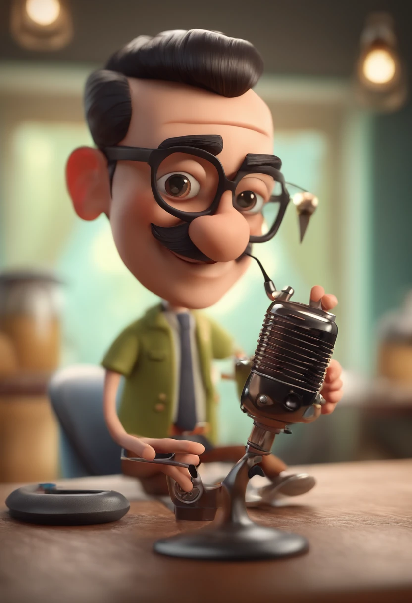 Cartoon character of a man wearing black glasses, tatuador, Using a Tattoo Machine, um personagem animado, Caractere estilizado, animation style rendering, 3D estilizado, Arnold Maya render, 3 d render stylized, toon render keyshot, Personagem 3D, Personagem 3D, 3d rendering stylized, 3 d character render, personagem de desenho animado, Personagem de close up, Pose de personagem, (Estilo Pixar) (master part:1.2) (Bokeh) (best quality) (pele detalhada) (textura detalhada) (8k) (argila) (Cinematic lighting) (foco nítido，Senta e vaza a parte superior do corpo