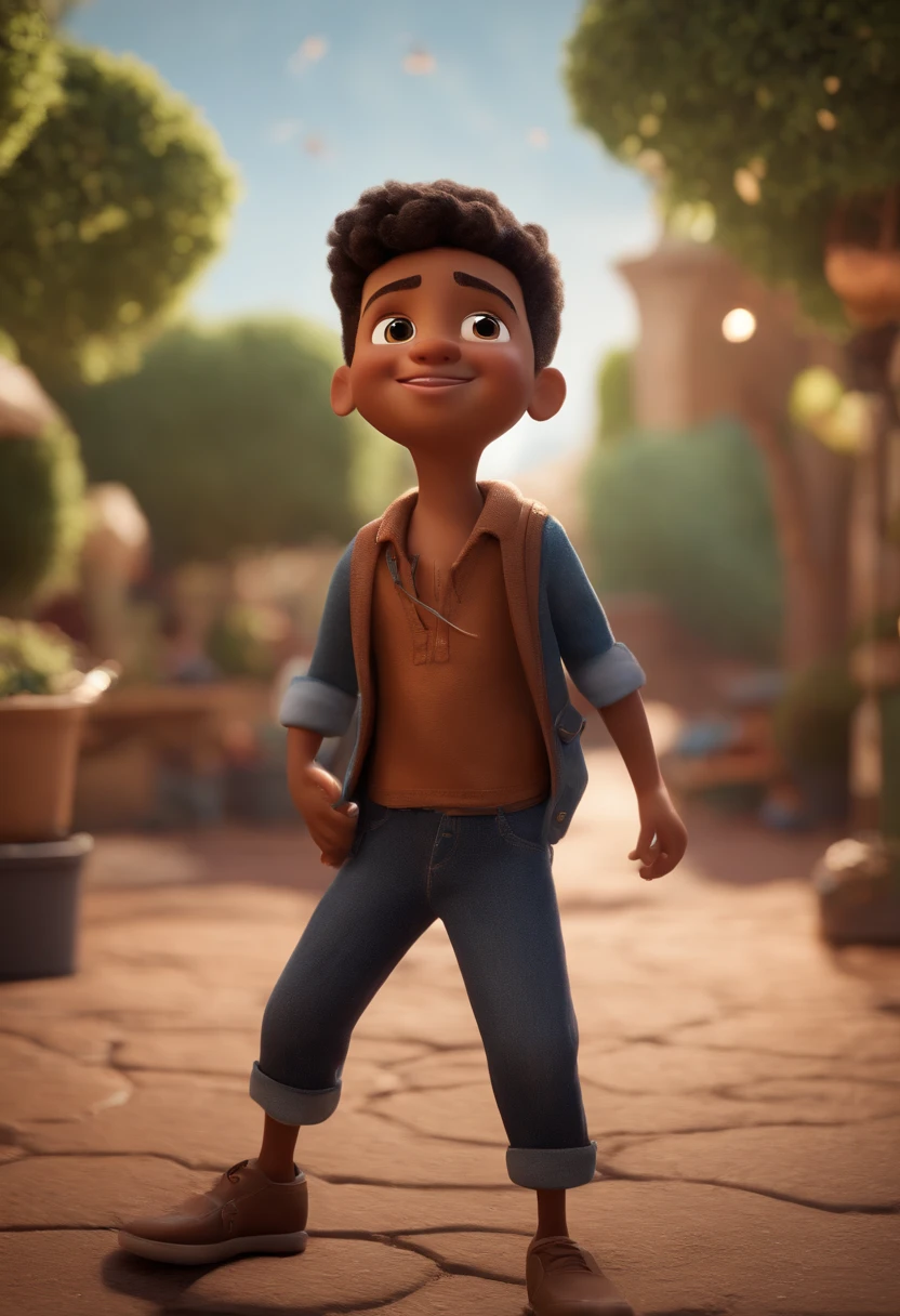 Image of a boy for a story in a YouTube video in Pixar format, He's the little allabester, He's the class leader, He's outgoing, Playful and gets up for a lot of things, cabelo curto e preto, olhos castanhos, preto, blusa preta