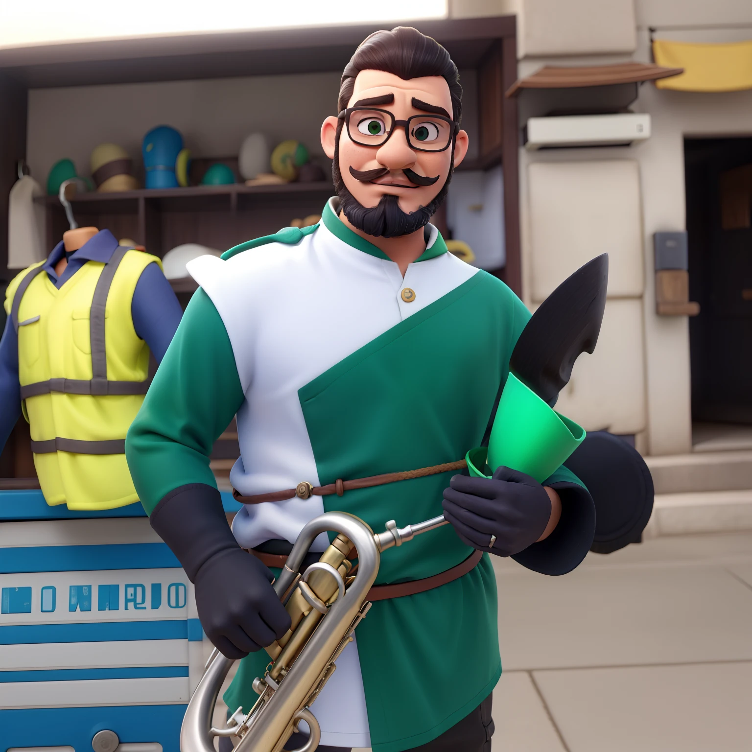 Leandro veste uma camisa de manga longa das cores, verde, branca e preto, And it's got an instrument in its right hand and a hat in its left hand and it's from a simple fanfare band, wears glasses, risco na sombrancelha, rosto um pouco gordinho, olhos verdes, bigode e cavanhaque, cabelo jogado pro lado direito