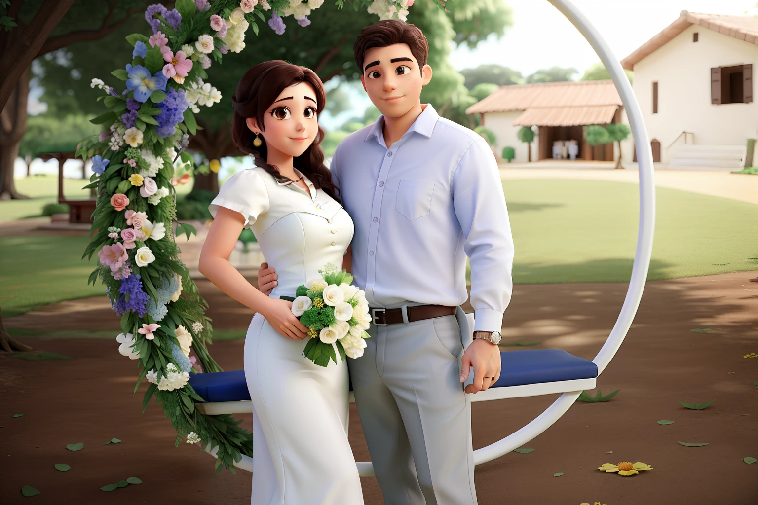 Um casal no seu dia de casamento, Background with a swing type arch with flowers and trees around.