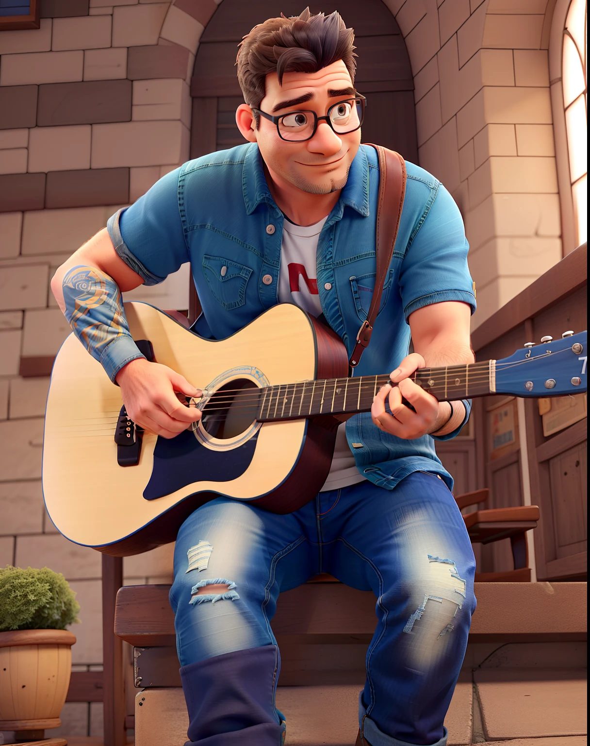 A 40-year-old man playing guitar in church, de oculos, camisa azul , Denim Jeans Pants, sapato preto, cabelo curto preto