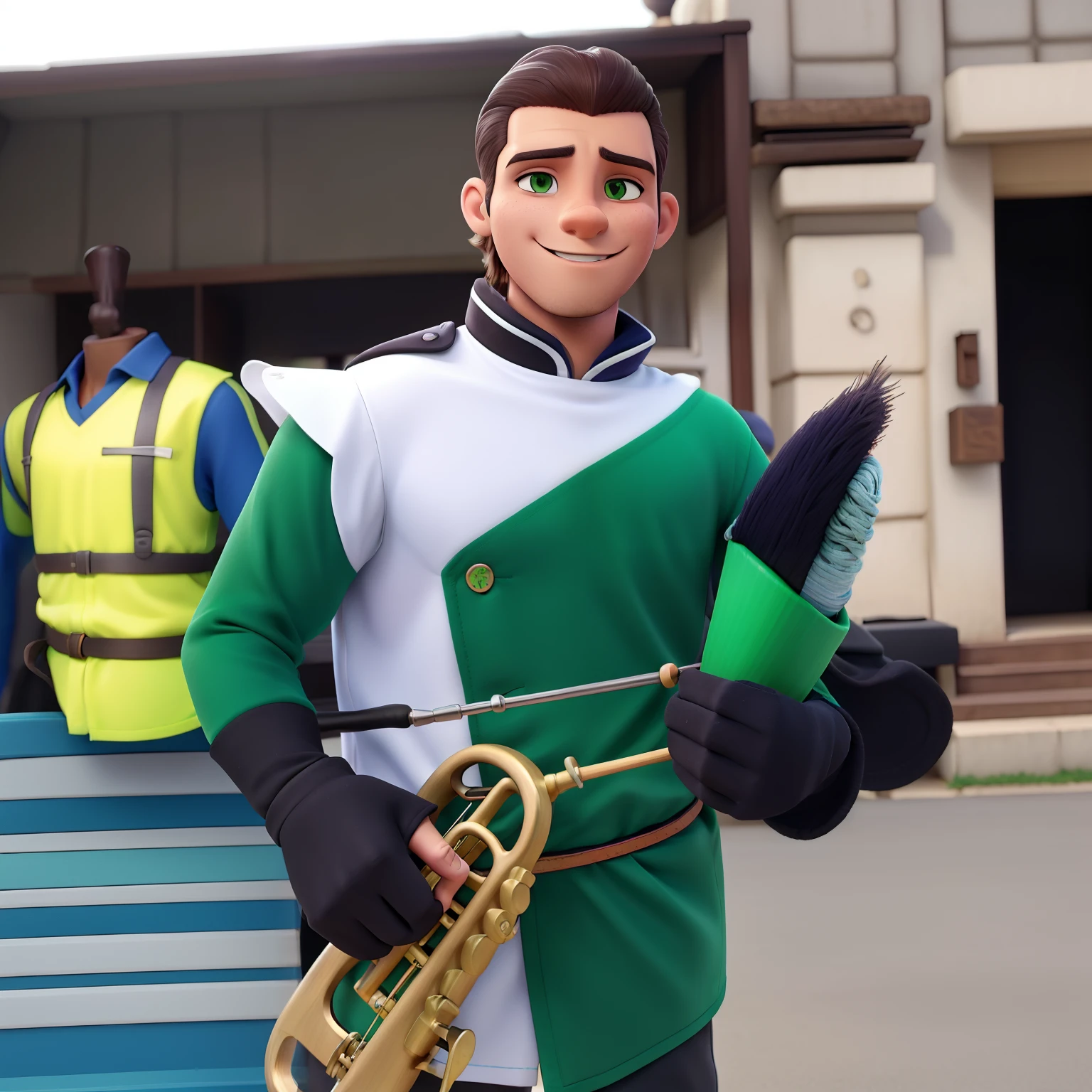 Leandro veste uma camisa de manga longa das cores verdes, branca e preto, And an instrument in the right hand and a hat in the left hand and plays in a simple fanfare band