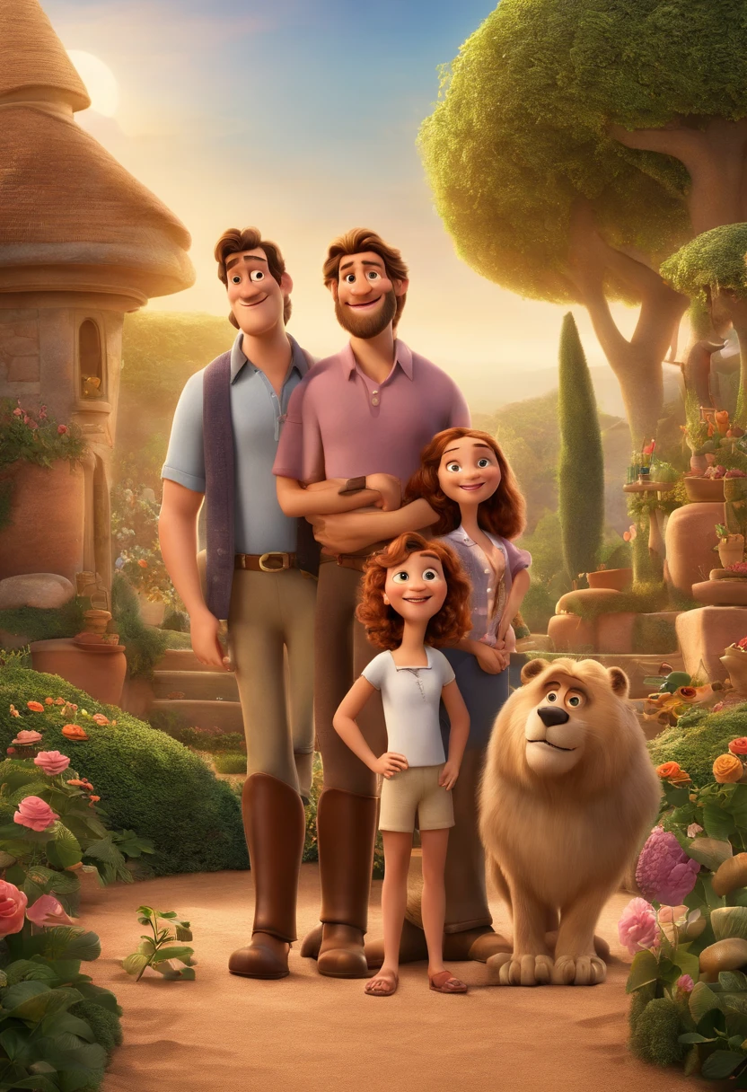 a Disney Pixar movie poster showing a white-skinned family. The father is the tallest, Tem barba curta, loiro, cabelos curtos e espinhosos. The mother has brown eyes and hair, shoulder-length and is slightly overweight. A menina tem 4 anos e cabelos castanhos, roupa rosa e rabos de cavalo. The background is a beach garden. 3D-rendering