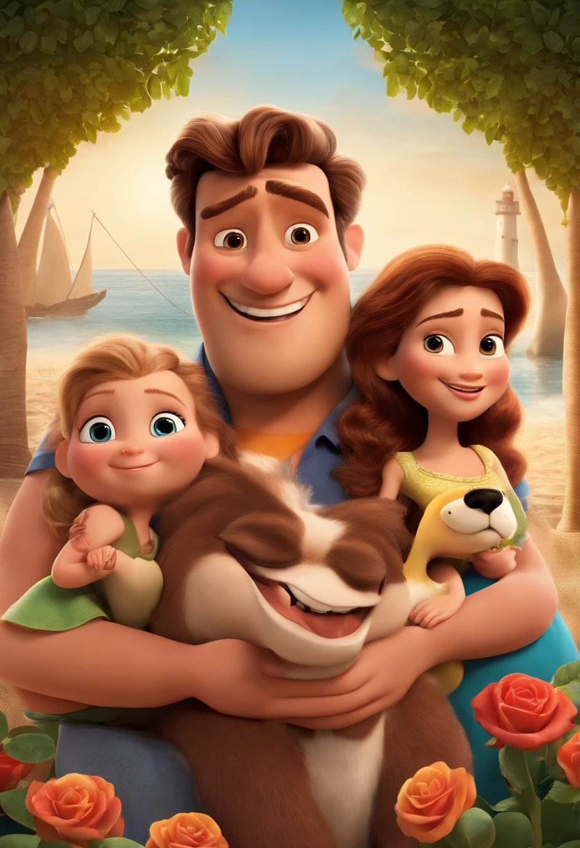 a Disney Pixar movie poster showing a white-skinned family. The father is the tallest, Tem barba curta, loiro, cabelos curtos e espinhosos. The mother has brown eyes and hair, shoulder-length and is slightly overweight. A tem 4 anos e cabelos castanhos, roupa rosa e rabos de cavalo. The background is a beach garden. 3D-rendering