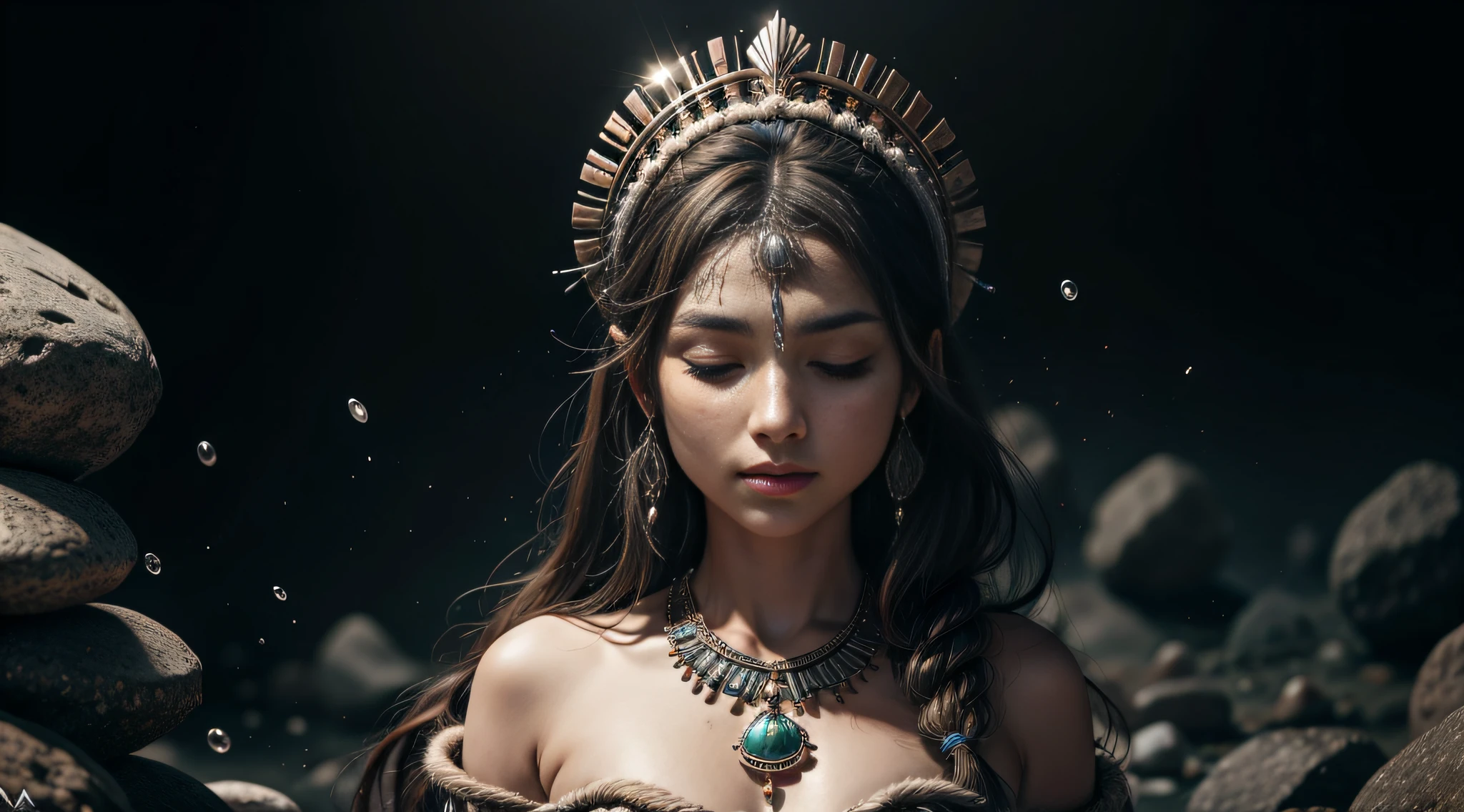 (Retrato completo), (medio disparo), solamente, Antecedentes detallados, Cara detallada, (stonepunkAI, Tema de piedra:1.1), sabio, (hembra), (indio), (cabello hermoso, Trenzas:0.2), shaman, septum piercing, mistic, (Cara preciosa), cabeza inclinada hacia arriba, (eyes closed, serene expression), calma, Meditando, Espuma de mar Ropa deshilachada verde, Prayer beads, tribal jewelry, plumas en el pelo, jade, obsidiana, Ropa detallada, textura realista de la piel, (particles floating, Remolino de agua, brasas, ritual, torbellino, viento:1.2), foco nítido, volumetric illumination, Aspectos destacados, buen sombreado, Subsoil Scatter, intrincado, Altamente detallado, ((Kinematic)), dramatic, (highest qualityr, Galardonado, Obra maestra:1.5), (fotorrealista:1.5), (Intricate symmetrical warpaint),