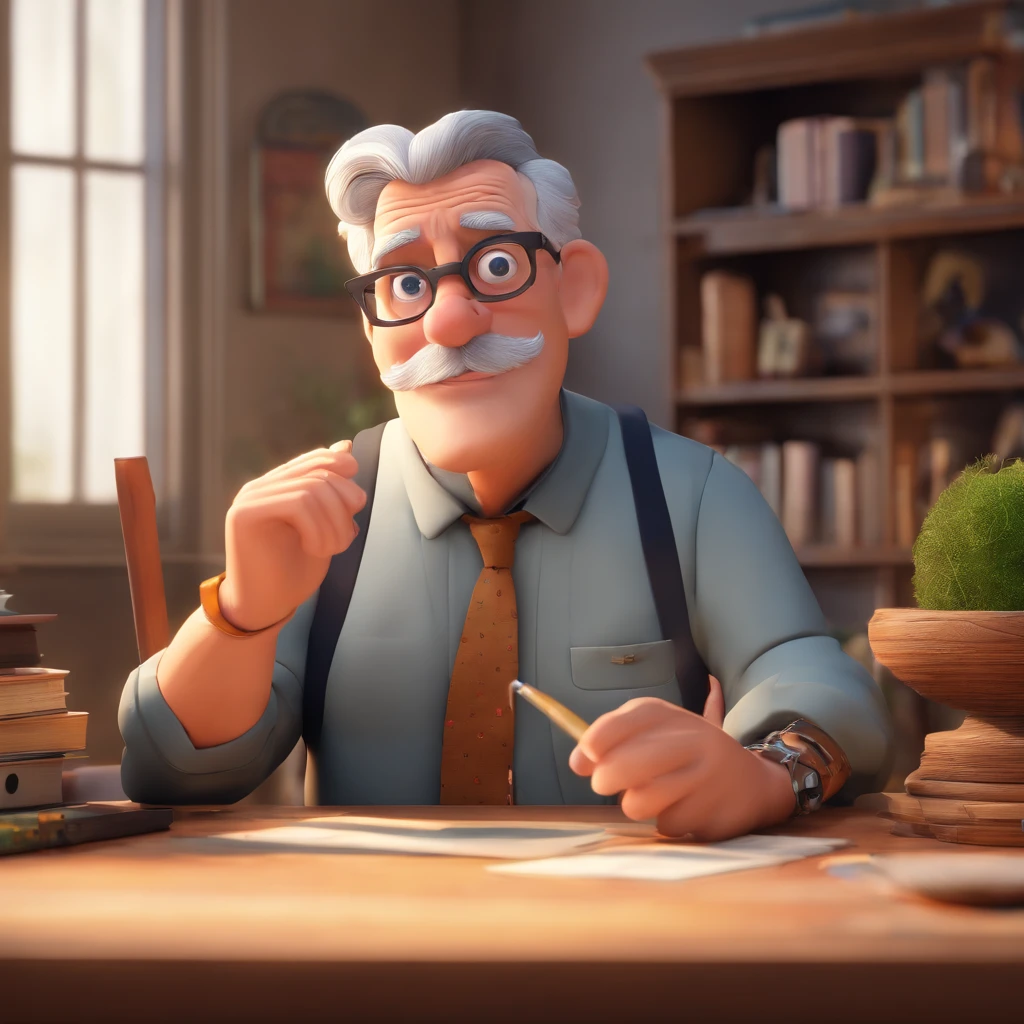 Crie um cartaz inspirado na Disney Pixar com o personagem sendo o pastor Rubens Janier, A gray-haired man wearing glasses, in an office with a Bible on the table