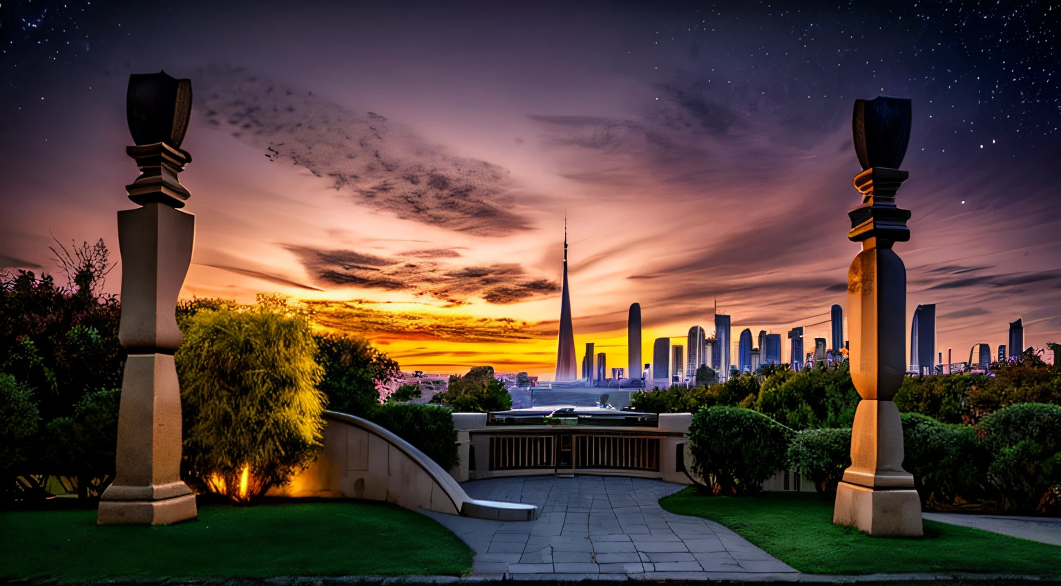 Hay dos estatuas en medio de un parque con una ciudad al fondo, Ethereal city illuminated by the stars at sunset, In a park on an alien planet, The UFO is over the city, In a park on an alien planet, Niebla y cielos estrellados, Niebla de medianoche de la ciudad, Twilight in the city, Paisaje crepuscular de la ciudad, Ciudad brillante en la distancia, BLOQUES DE MADERA APILADOS