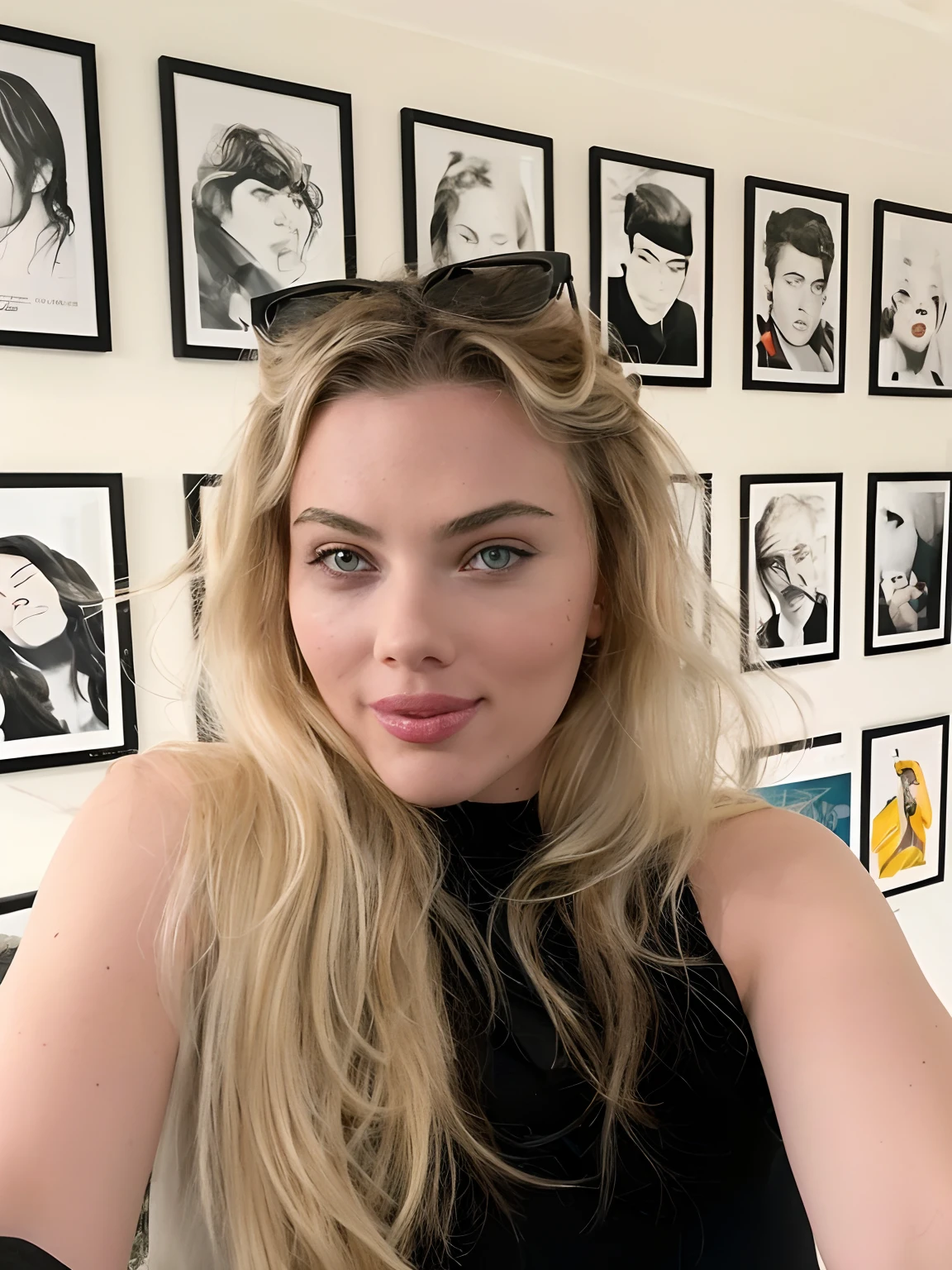 Mulher loira com cabelo longo e top preto na frente de uma parede de fotos, Arte no estilo de Terry Moore, Terry Moore, Retrato de Margot Robbie, foto de perfil headshot, Retrato de Margot Robbie, taken in the early 2020s, Karolina Cummings, Temporary image of Giorgia Meloni, Dia de Corinne, Retrato Sabrina Lloyd, Alana Fletcher, retrato headshot