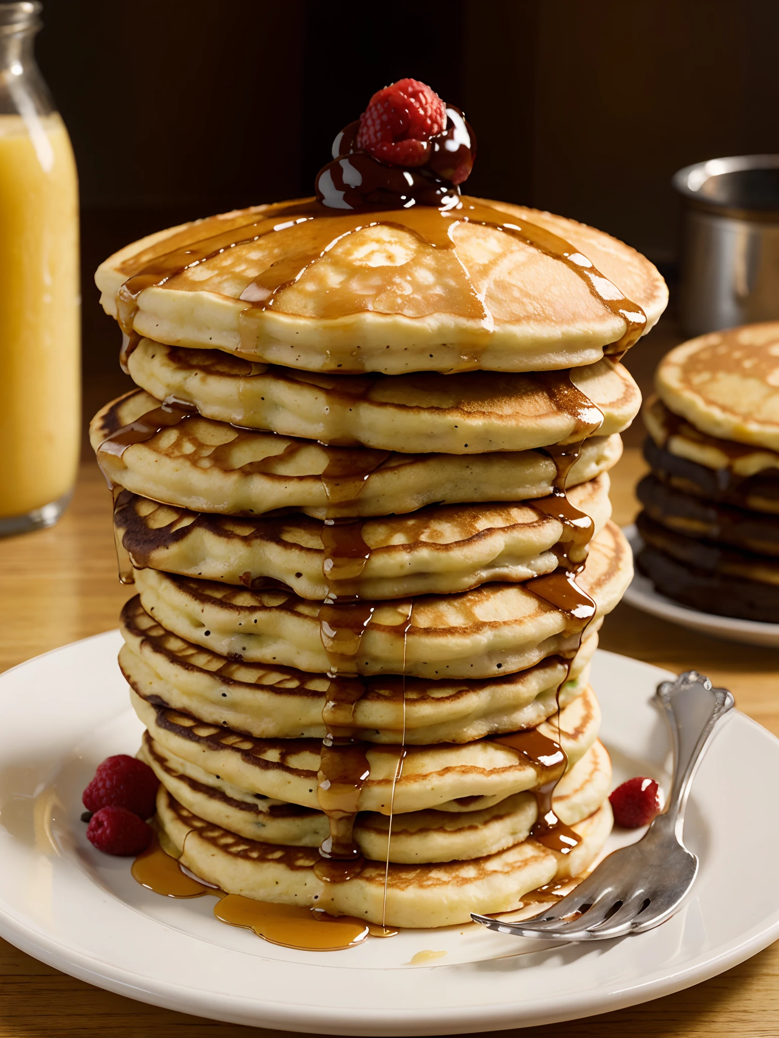 A delicious breakfast of fluffy pancakes stacked high on a plate, high quality, realistic photography, uktra HD res