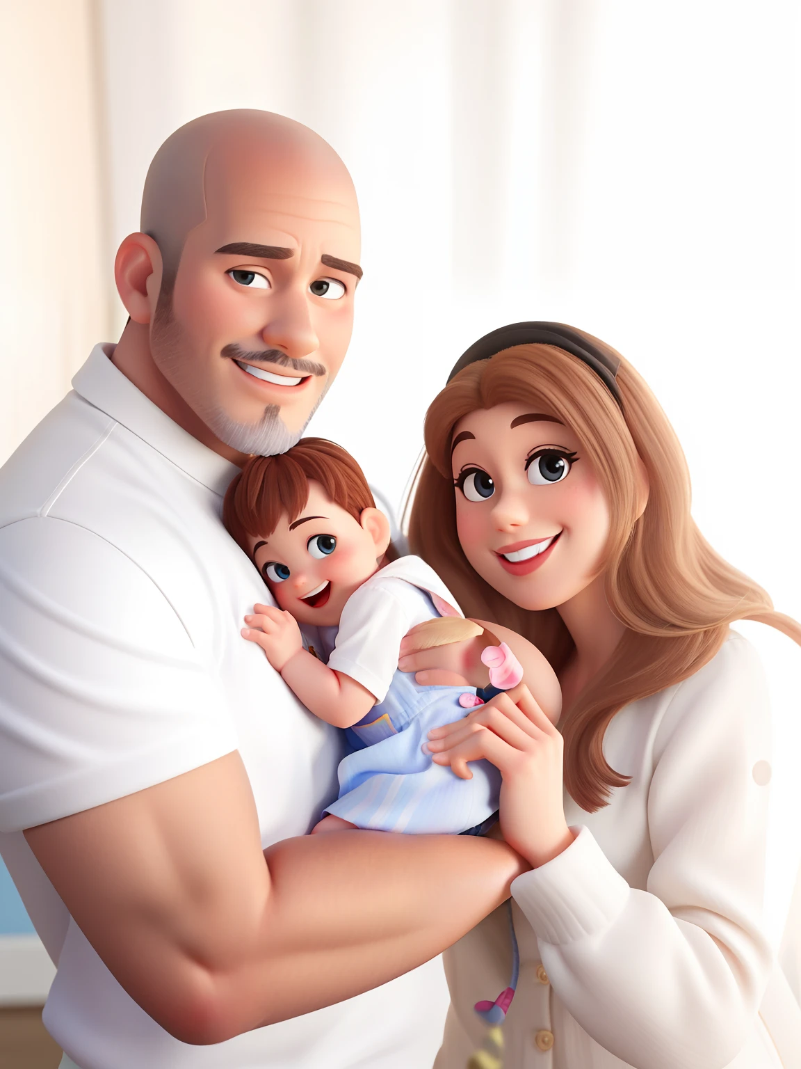 familia, homem careca, de barba , Mulher loira bonita,  e um bebe homem lindo e sorridente estilo Disney pixar ,alta qualidade,melhor qualidade