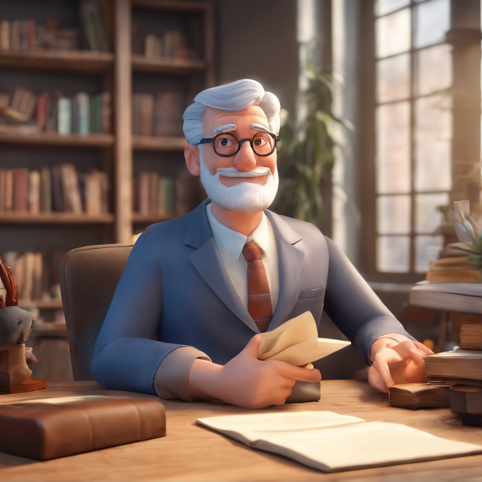 Crie um cartaz inspirado na Disney Pixar com o personagem sendo o pastor Rubens Janier, A gray-haired man wearing glasses, in an office with a Bible on the table