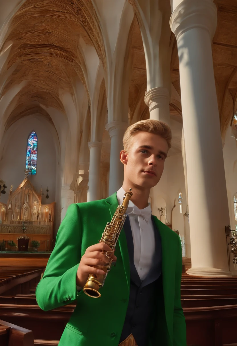 In the Pixar 3D style, a 25-year-old white and blond man with green eyes is holding an oboe musical instrument in his hand and is wearing a suit and is in front of the church, Christian congregation in Brazil