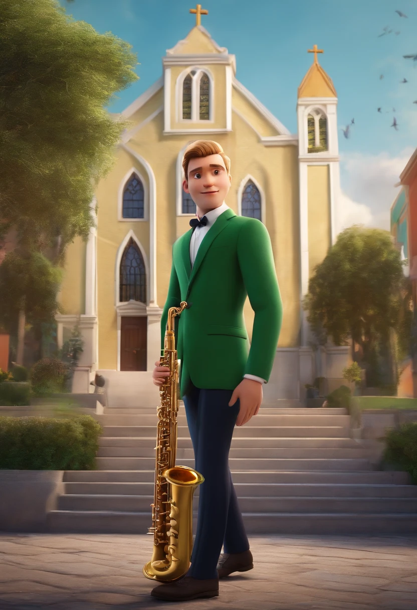 In the Pixar 3D style, a 25-year-old white and blond man with green eyes is holding an oboe musical instrument in his hand and is wearing a suit and is in front of the church, Christian congregation in Brazil