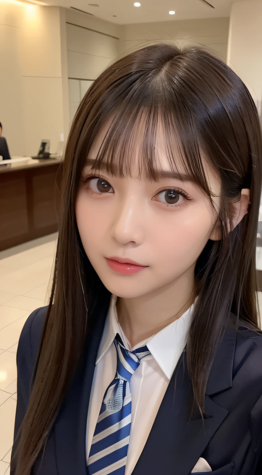 ((top-quality、8K、​masterpiece:1.5))、One girl、(Unhealthy face)、(Letter to)、Blunt bangs、(Lots of bangs:1.4)、(full body Esbian:1.4)、(Symmetrical face)、hyperdetailed face、Ultra detailed mouth、A detailed eye、Detailed ears、Slim Faces、(selfee:1.4)、(Looking Up)、(From  above)、(Straight long hair、Ahoge:1.3)、(Upper Eyes)、the background is blurred、(Business suits、neck tie:1.3)、lipgloss、(hotel entrance)、(natural soft light:1.3)、