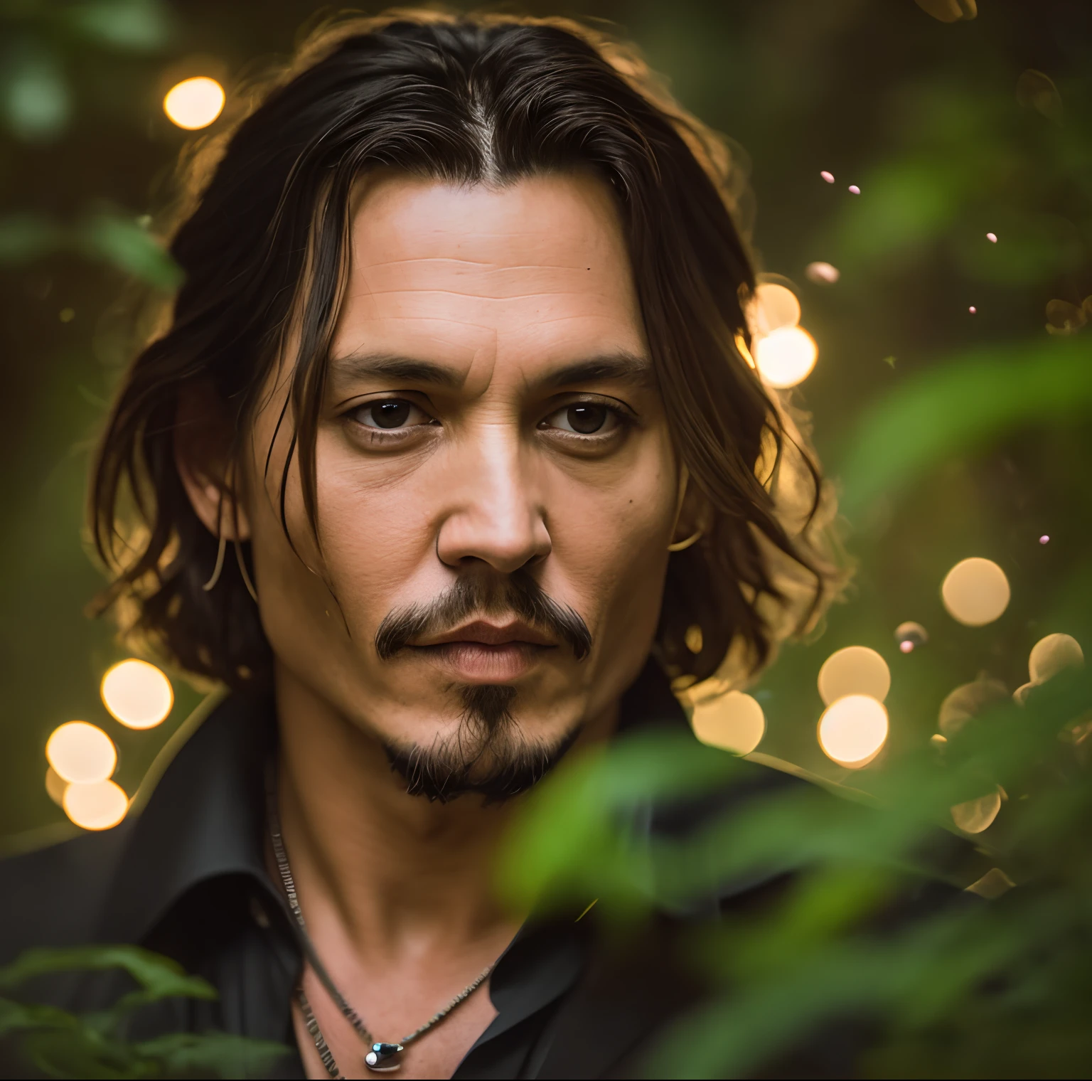 masterpiece, johnny depp walking through the jungle (night among fireflies), (high detail:1 1), rough face, natural skin, high quality, nsfw, beautiful eyes, (detailed face and eyes), (face: 1 2), noise, extra, real photo, PSD, lamp film photography, sharp focus, contrast lighting, detailed skin, high resolution 8k, crazy detail, realistic, professional photography, 8k UHD, SLR camera, soft lighting, high quality, film grain, Fujifilm XT3