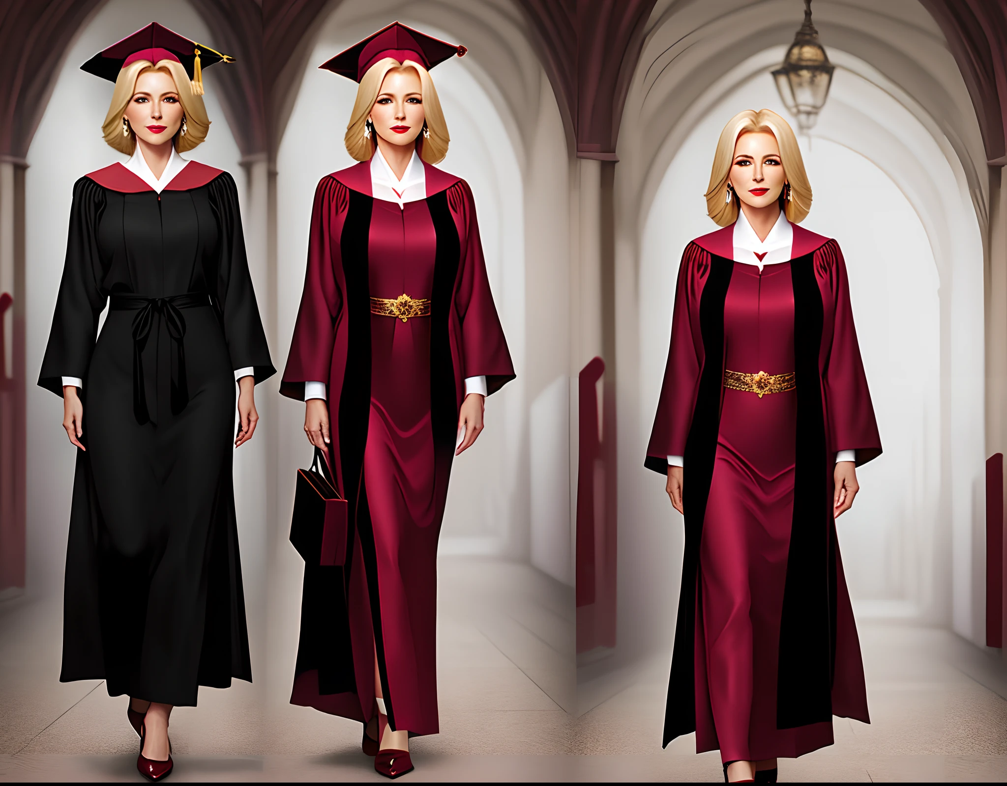 Create full body image of a 55 year old blonde woman, dressed in a graduation gown for a doctorate that characterizes her high hierarchy, in black and burgundy bib, con mangas largas con detalles en dorado.