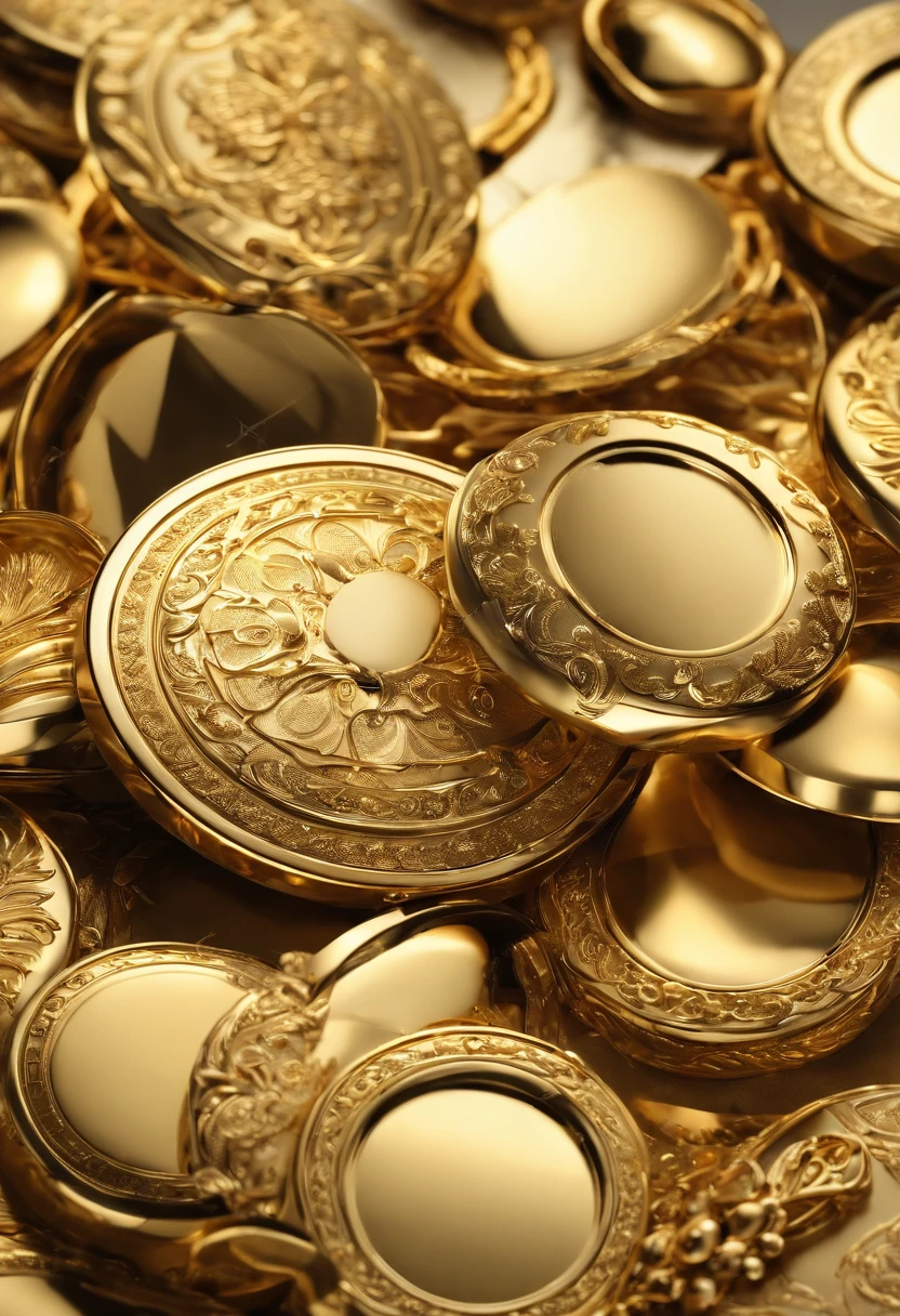 There are three different types of buttons on a white background, em uma placa de ouro reflexiva, metal dourado, metais de ouro, luz em branco de ouro ciano, ouro realista, Qualidade HD 14K, Qualidade HD de 1 4K, tema ouro, ouro brilhante, ouro, brilho dourado, esquema de cores dourado, tonalidade dourada, gold encrustations, Gold-Trim, dourado brilhante