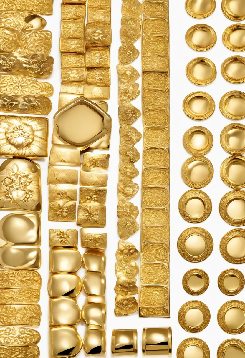 There are three different types of buttons on a white background, em uma placa de ouro reflexiva, metal dourado, metais de ouro, luz em branco de ouro ciano, ouro realista, Qualidade HD 14K, Qualidade HD de 1 4K, tema ouro, ouro brilhante, ouro, brilho dourado, esquema de cores dourado, tonalidade dourada, gold encrustations, Gold-Trim, dourado brilhante