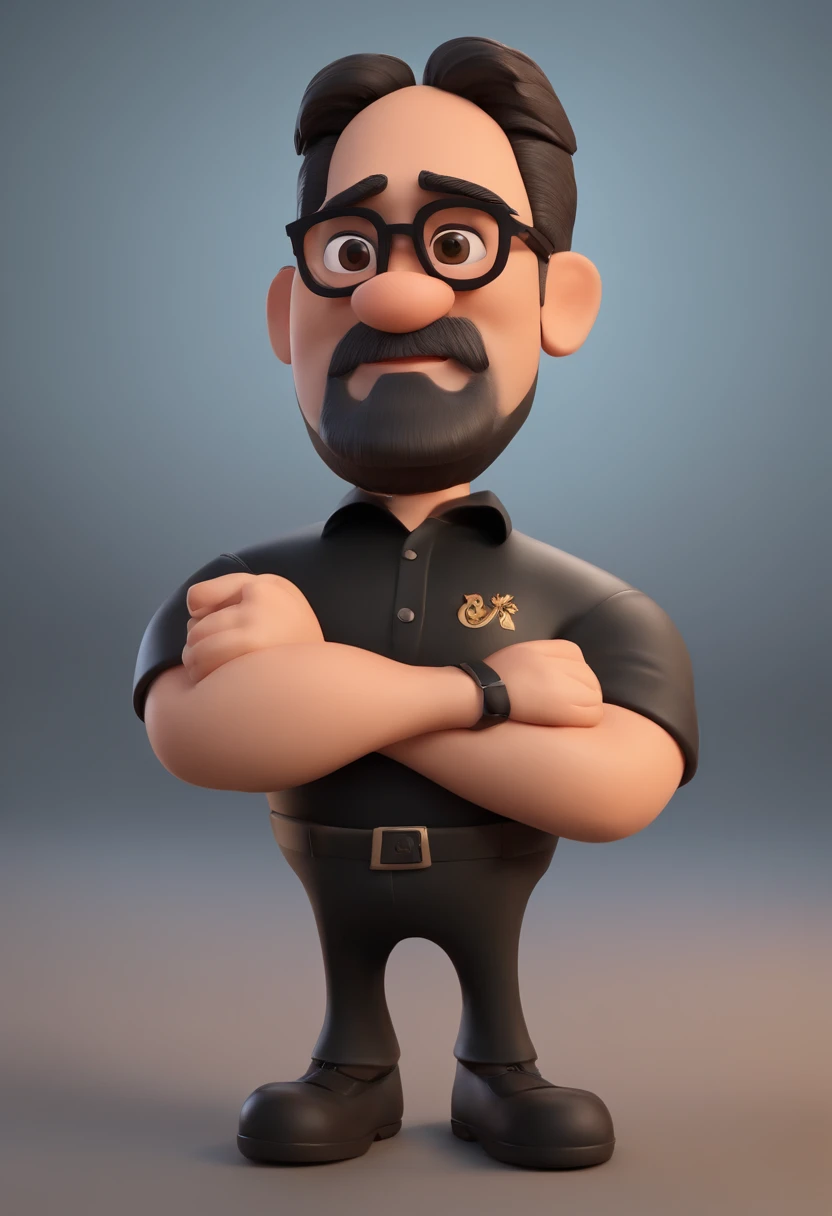 Cartoon character of a man with black glasses and a black polo shirt, cabelo liso, With beard and old school tattoo on his arm, animation character, Caractere estilizado, animation style rendering, 3D estilizado, Arnold Maya render, 3 d render stylized, toon render keyshot, Personagem 3D, Personagem 3D, 3d rendering stylized, 3 d character render, personagem de desenho animado, Personagem de close up, Pose de personagem, (Estilo Pixar) (master part:1.2) (Bokeh) (best quality) (pele detalhada) (textura detalhada) (8k) (argila) (Cinematic lighting) (foco nítido