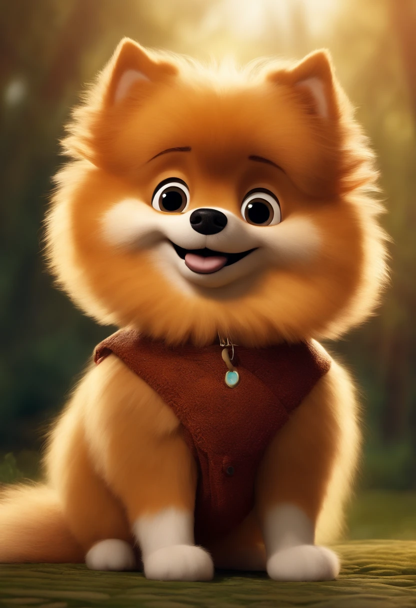 Animated poster for the Disney Pixar film of a small German spitz with caramel-colored fur and a mustache on one side black and on the other side white, e com cabelos cor de caramelo, grandes olhos negros, muito peludo