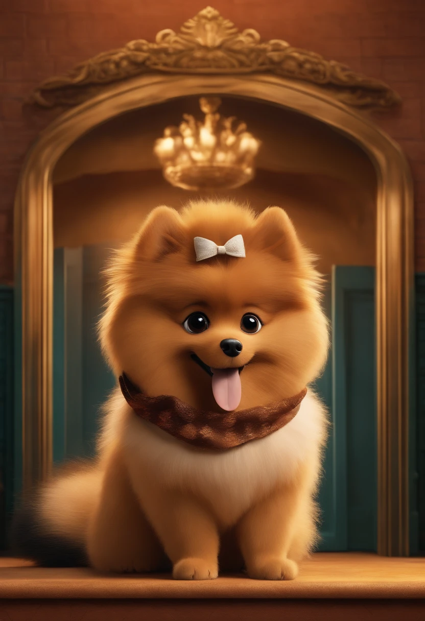 Animated poster for the Disney Pixar film of a small German spitz with caramel-colored fur and a mustache on one side black and on the other side white, e com cabelos cor de caramelo, grandes olhos negros, muito peludo