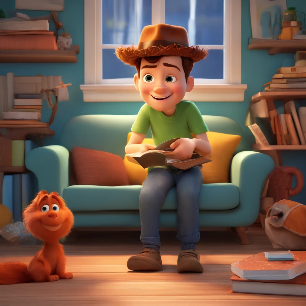 fundo branco, pixar desenhos animados 3D, homem lendo um livro, ::estilo pixar cartoon