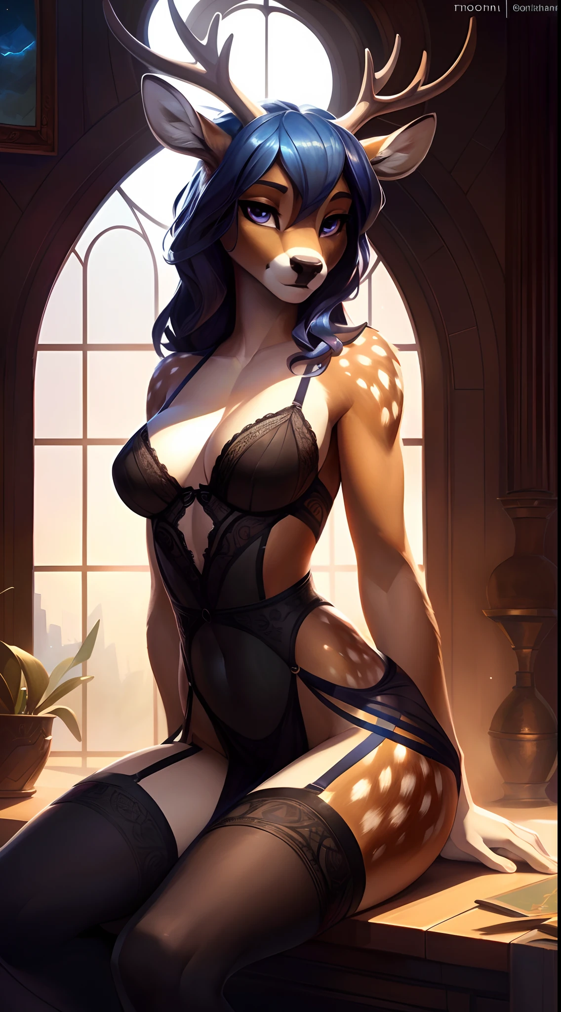 uploaded on e621, by Pixelsketcher, by Bayard Wu, by Thomas Benjamin Kennington , by Einshelm, solo anthro, (( Portrait)), BREAK, ((Wear a transparent dress)), (lace model lingerie), ((mouth open)), (detailed Bonifasko lighting), natural goddess, (Detailed fur), (detailed skin), BREAK, ((hands on the waist)), (blue wavy hair)), ((facing viewer with legs spread)), (Cinematic lighting), ((Detailed background)), (half body shadow), [Backlighting], [crepuscular ray], [Detailed ambient light], [gray natural lighting], [ambient light on the belly], (higher wildlife feral detail), [explict content], [sharp-focus], (Questionable content), (shaded), ((Masterpiece), hands on the waist, long wavy hair, big hips, Average Breasts, pectorals, Fluffy fallow deer, Wavethesallow Face, furry fantasy art, anthro art, commission for high res, Furry art, pov furry art, Sakimichan is beautiful, Masterpiece, big hips, small Breasts, Best Quality, Detailed image, Bright colors, Detailed Face, perfect  lighting, Perfect shadows, Perfect eyes, focus on girl, violet eyes, flawless face, small breasts, gorgeous body, Hourglass body, shiny body, legs focus, Ears last year, Doe Girl, Fluffy, fluffy woman, Body fur, Animal nose, muzzle, two-toned fur, gaze at the viewer, half closed eyes, 1girl, full - body, (Masterpiece:1.21), (Best Quality:1.2), (illustartion:1.2), (Cinematic lighting:1.3), hands on the waist, Detailed fur, Balanced colouring, Global Illumination, Ray Tracing, good lighting, Fallow deer, Furry, anthro,big butt, Showing breasts, cleavage, attractive body, sexy body, looking a viewer, seductive gaze, thick-thighs, fit body, best stockings, (hooves), deer antlers, offering pose, seductive legs pose