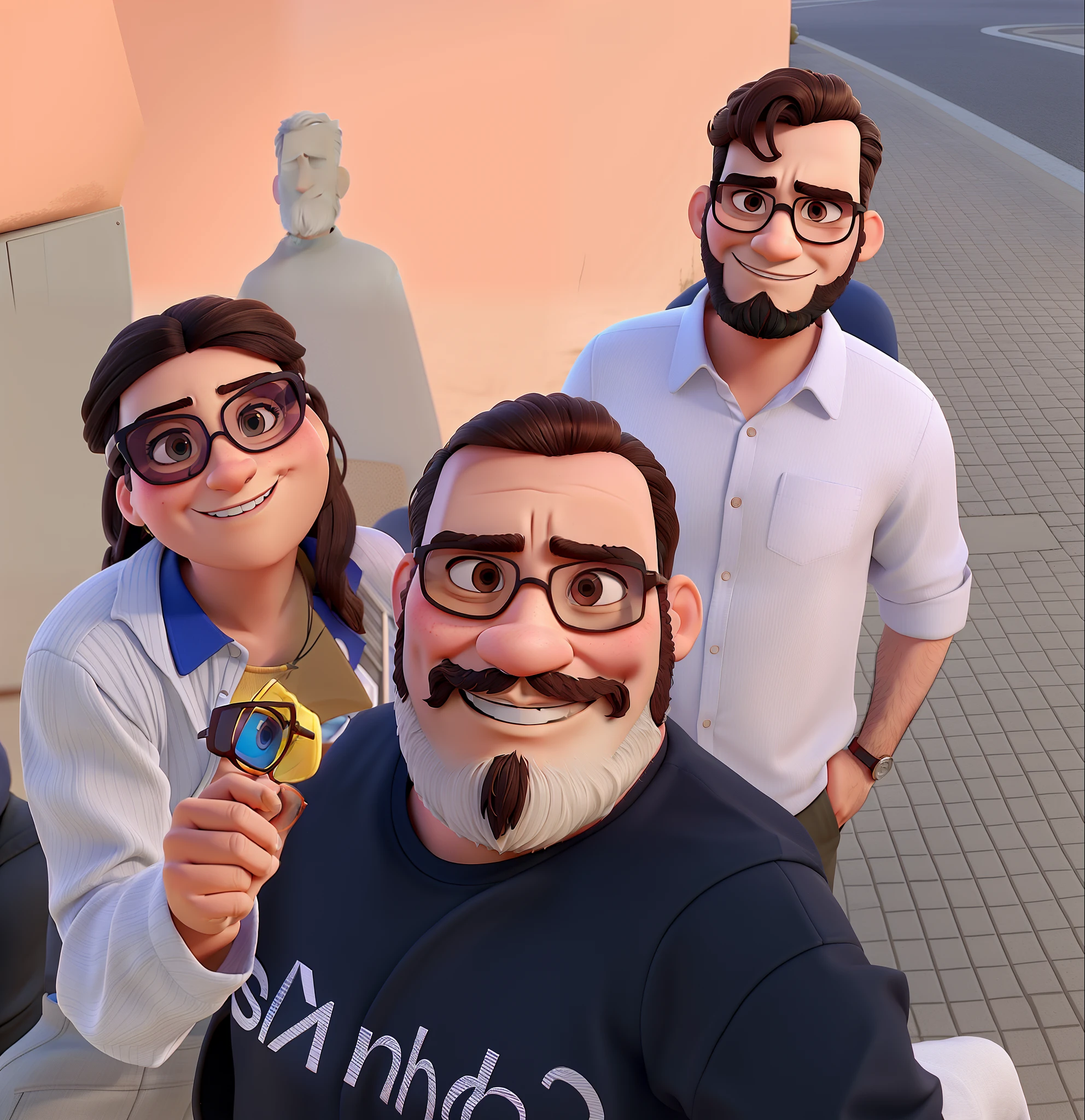 A woman in sunglasses, A man with glasses and a man with a beard Pixar style, alta qualidade, melhor qualidade