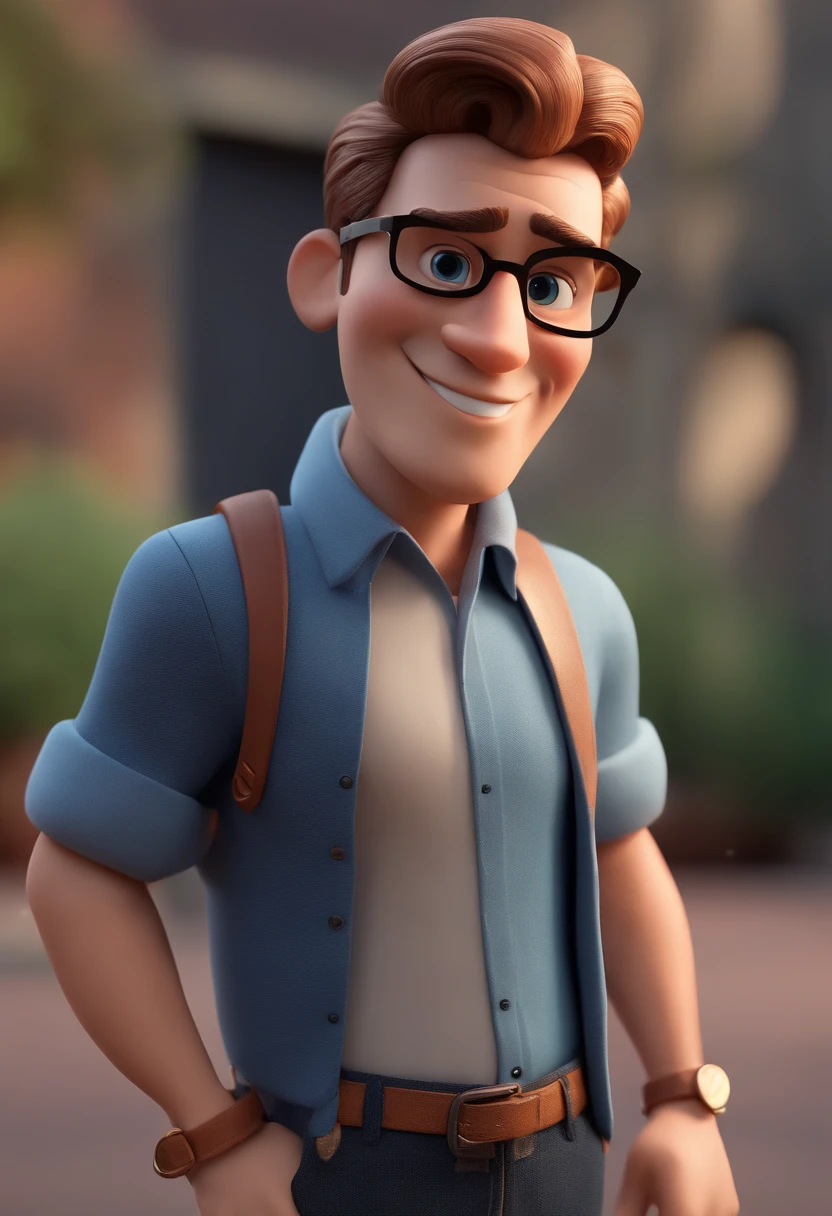 Cartoon character of a man with black glasses and a blue shirt, animation character, Caractere estilizado, animation style rendering, 3D estilizado, Arnold Maya render, 3 d render stylized, toon render keyshot, Personagem 3D, Personagem 3D, 3d rendering stylized, 3 d character render, personagem de desenho animado, Personagem de close up, Pose de personagem, (Estilo Pixar) (master part:1.2) (Bokeh) (best quality) (pele detalhada) (textura detalhada) (8k) (argila) (Cinematic lighting) (foco nítido