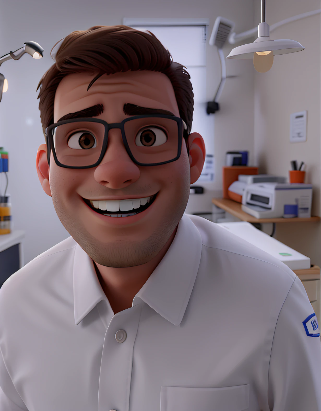 Um homem jovem 30 anos, Standing next to a dental chair, illuminated by the light of a lamp, Against the backdrop of a dental office, com Jaleco Branco, Sorridente