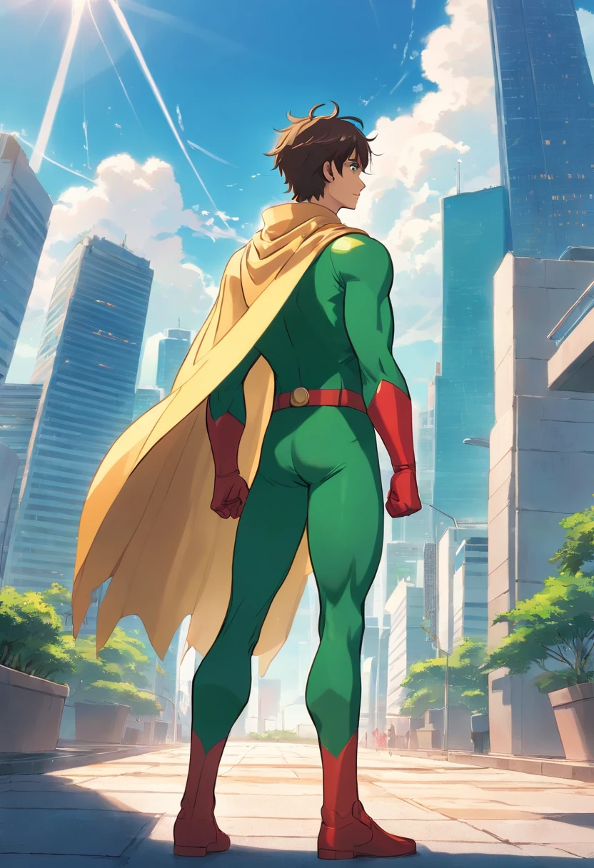 A male superhero standing, olhando para a frente. Ele usa uma roupa verde escuro justa com uma letra G branca no peito. He also wears a striped white, red, and green cape that floats behind him. Ele tem cabelos pretos curtos e raspado nas laterais e olhos castanhos. The background of the image is a city of Brasilia, brazil, with skyscrapers and other tall buildings. The sky is blue and there's bright sunshine. The superhero is standing on a roof, Olhando para a cidade. He has a determined expression on his face. The style of the image is inspired by Stan Lee's comics. The characters are iconic, And the narrative is engaging.
