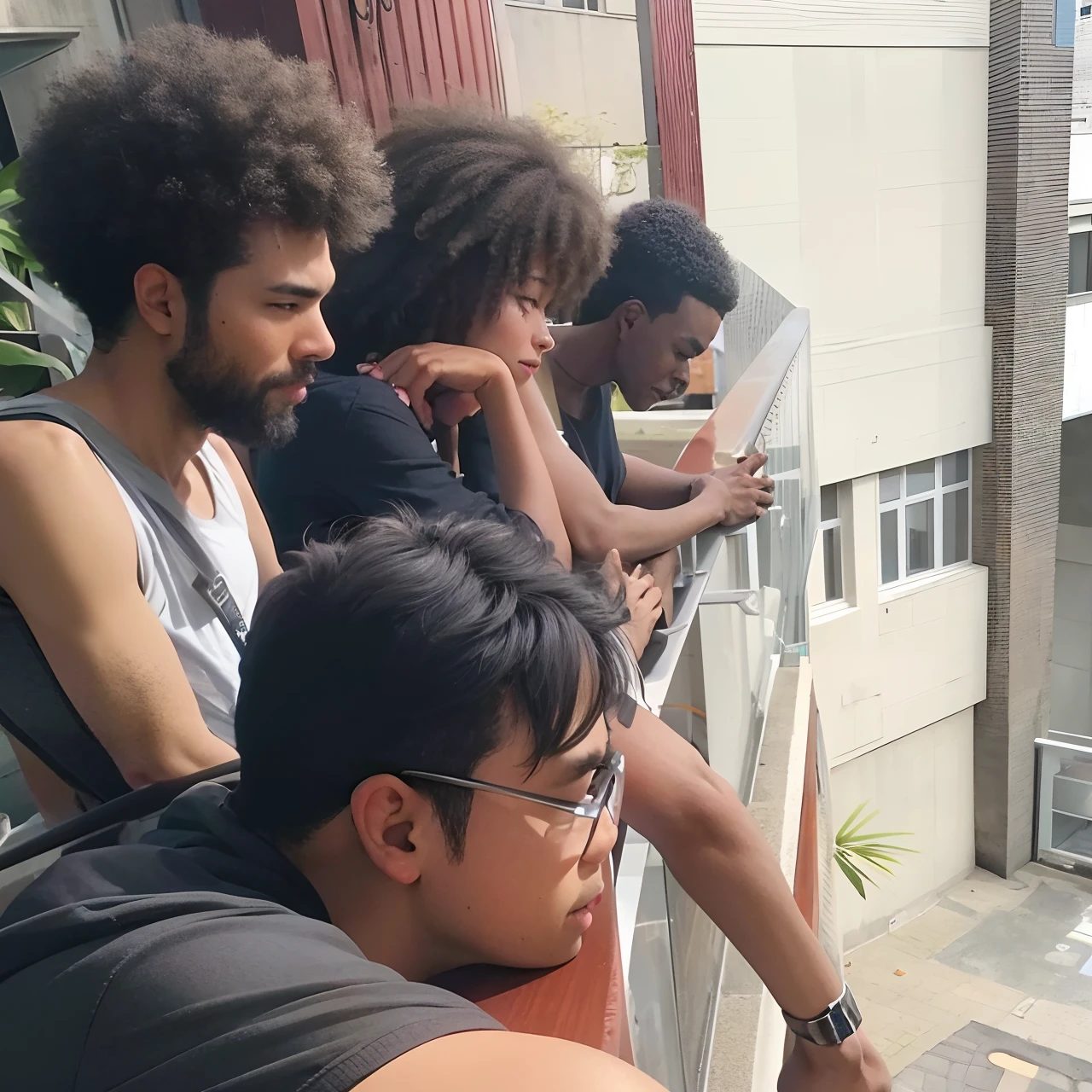 Several people are looking leaning on the wall of a balcony, in a building. Two of these people are light-skinned black and have Black Powers, another is dark-skinned black, other Asian.