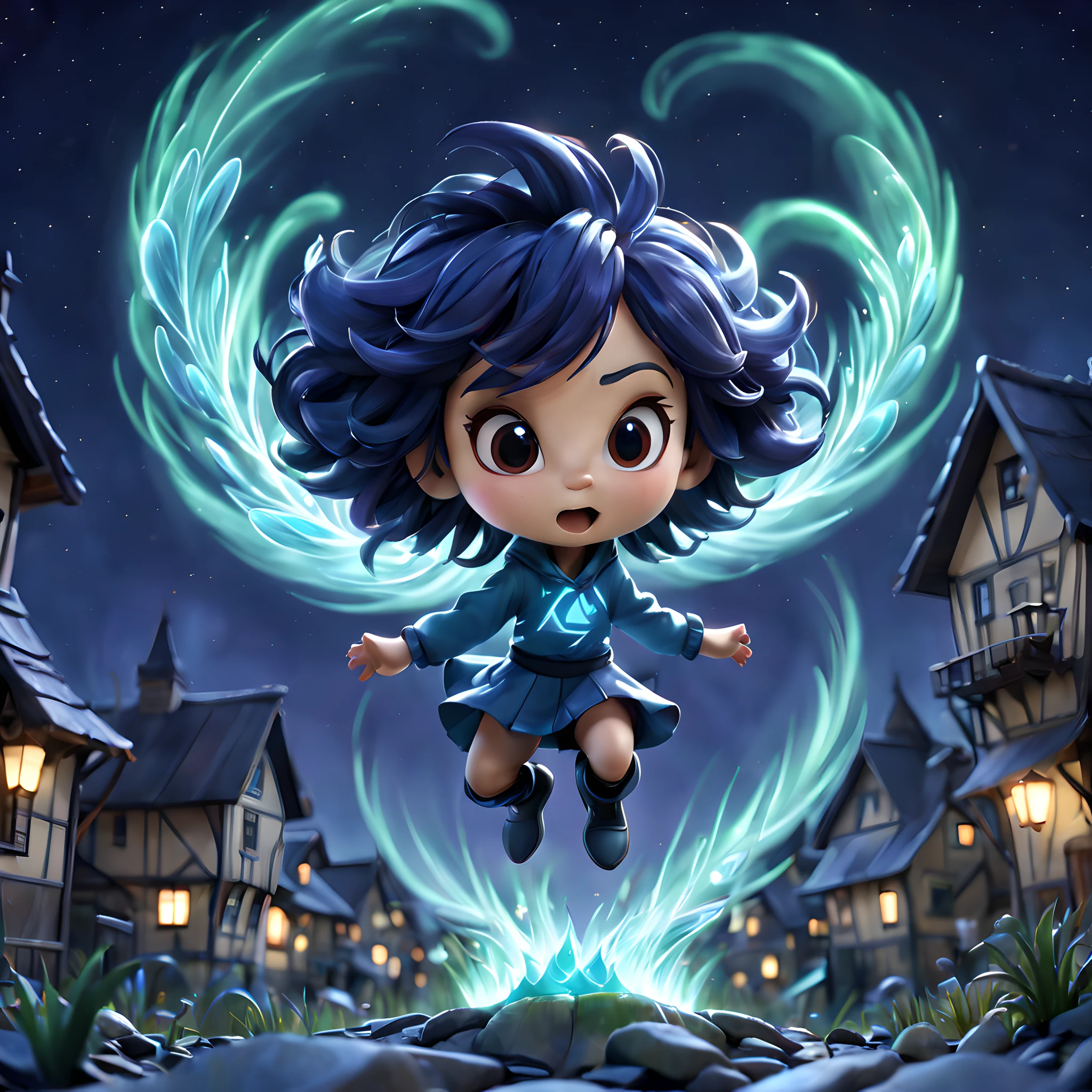 (Pixar style:1.5), (Pixar character:1.5), (chibi emote:1.5), (chibi character:1.5), (fantasy:1.5), (magical world:1.5), (spiritual world:1.5), (elemental character:1.5), (elemental town:1.5), (elemental future city:1.5), (night:1.5), starry sky, (spread arms:1.3), (jumping:1.3),