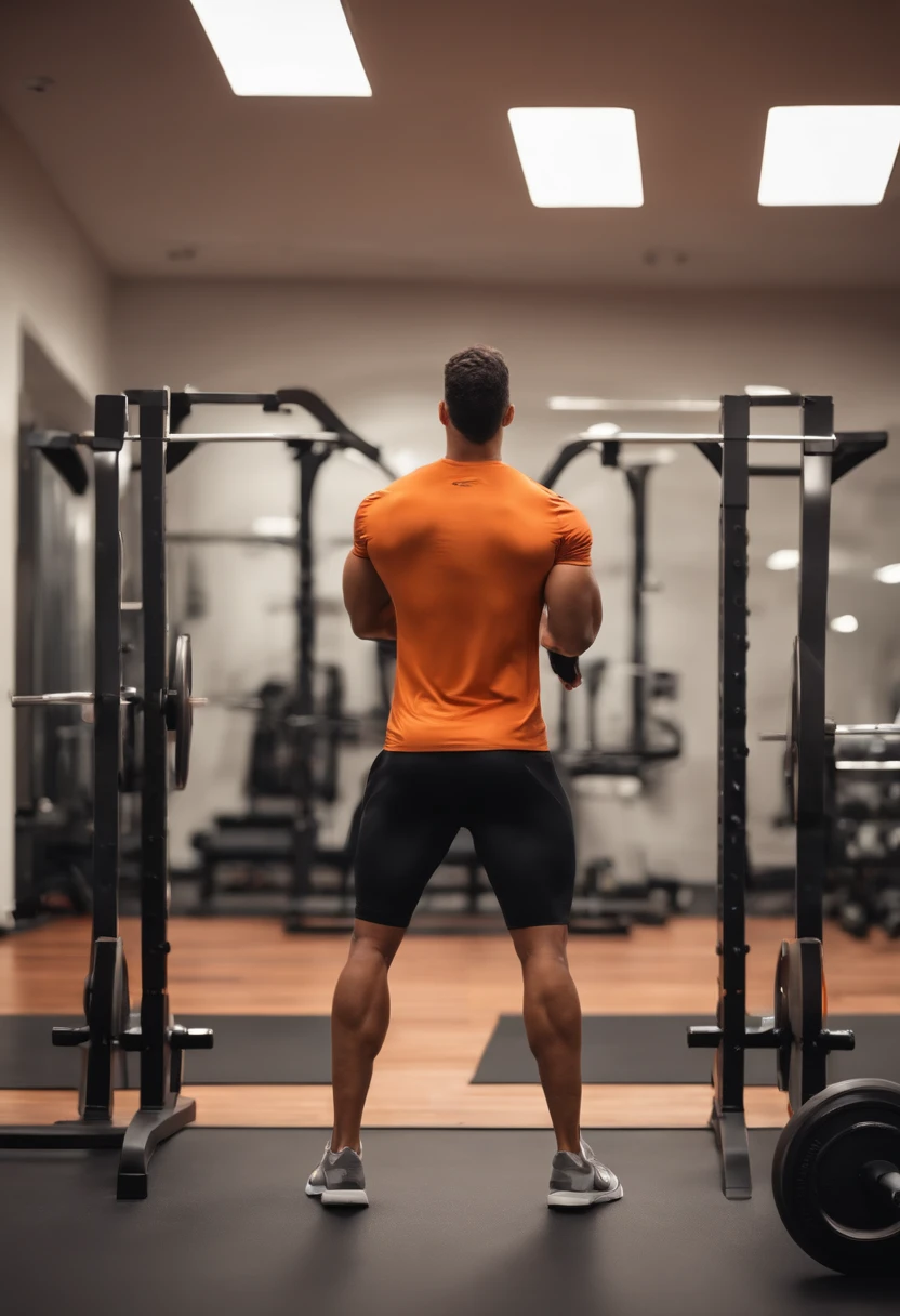 Crie uma academia no estilo Pixar. Make a gym with weight machines and treadmills in the background. Smooth wall with medium black and grey colour and wooden floor. warm led lighting. Com um avatares masculinos e  femininos corpo modelado treinando, sorrindo, olhos felizes. With male avatar of a teacher in black pants and orange t-shirt. com o nome na camiseta EVOQUE fonte PIXAR