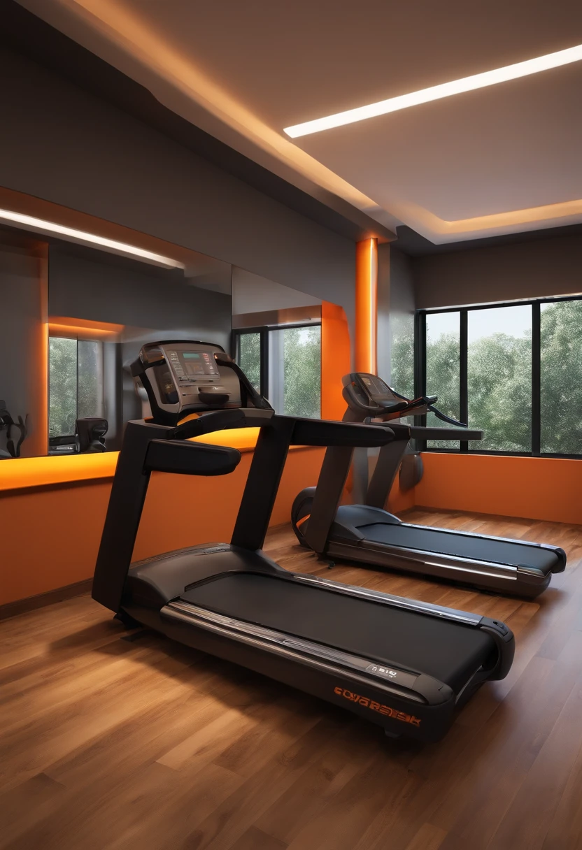 Crie uma academia no estilo Pixar. Make a gym with weight machines and treadmills in the background. Smooth wall with medium black and grey colour and wooden floor. warm led lighting. Com um avatares masculinos e femininos corpo modelado treinando, sorrindo, olhos felizes. With male avatar of a teacher in black pants and orange t-shirt. com o nome na camiseta EVOQUE fonte PIXAR