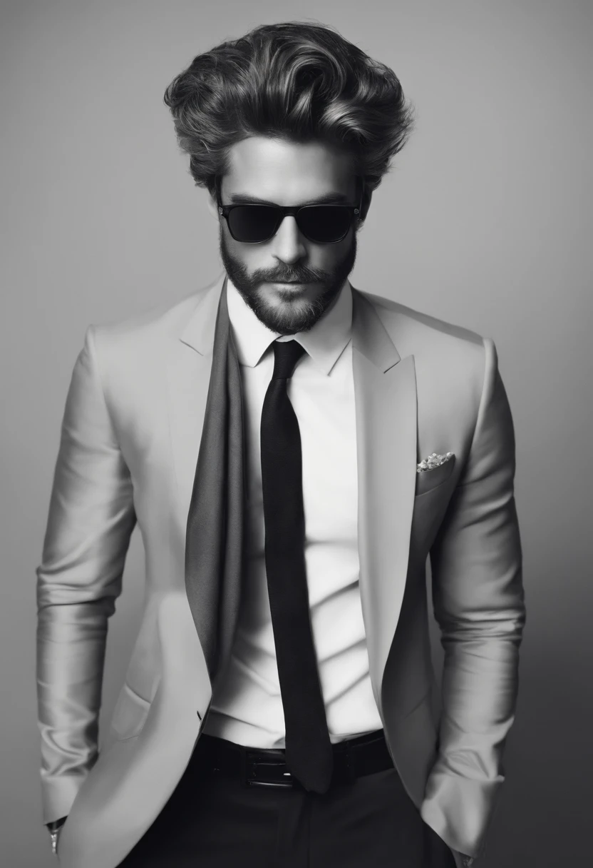 crie um poster estilo disney 3d de um homem branco com cabelo calvo e curto na cor cinza escuro. com uma barba curta de cor cinza escuro com um queixo maior do que o cabelo. He should be wearing a suit and a square pair of sunglasses, He can't be too skinny, He must be in a radio studio