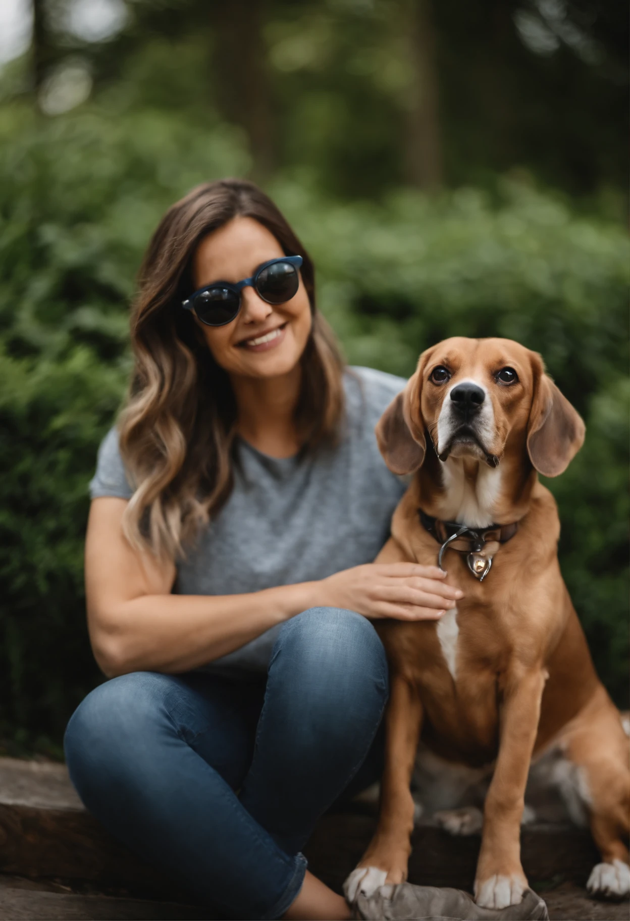 Pixar. Casal com um filhote de cachorro beagle marrom. A tem os cabelos loiros amarrados, Camiseta cinza e jeans claro, white glasses. O meninobelos pretos com cabelos grisalhos, barba pequena, oculos, Dark blue jeans and gray t-shirt. They are both smiling and are 40 years old