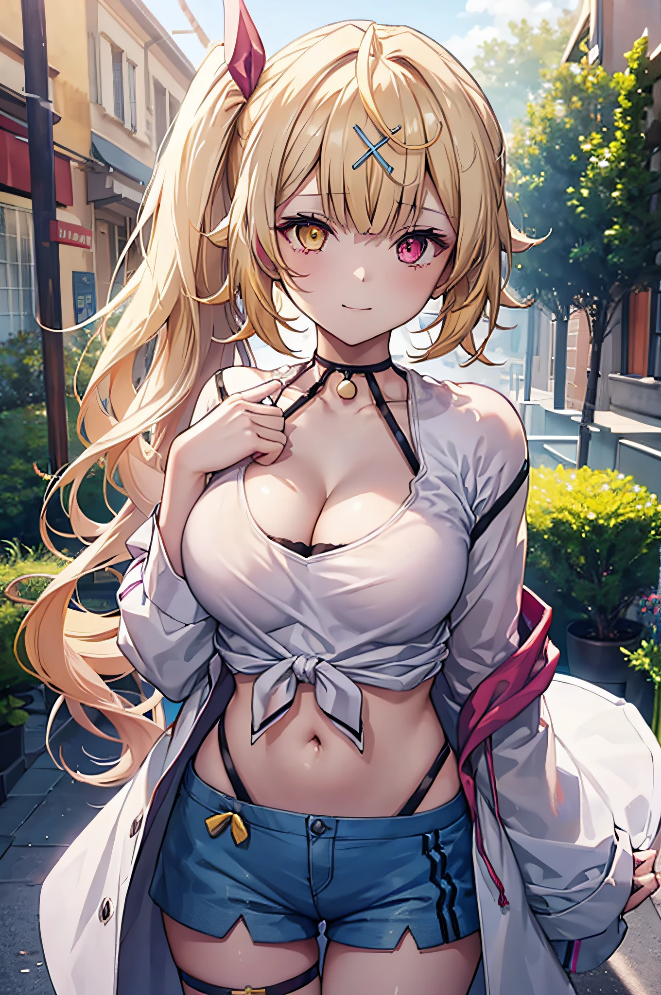 1girl, hs1, (red left eyes:1.3), (yellow right eyes:1.3), side ponytail, x hair ornament, thigh strap, smile,
BREAK nsfw, (black bra:1.2), (cleavage:1.3), (Breasts sticking out of shirts:1.5), blue shorts, front-tie top, hair ribbon, midriff, short shorts, panty straps, white shirt, black choker, open jacket, cowboy shot, standing, 
BREAK outdoors, (garden:1.2),
BREAK looking at viewer, 
BREAK (masterpiece:1.2), best quality, high resolution, unity 8k wallpaper, (illustration:0.8), (beautiful detailed eyes:1.6), extremely detailed face, perfect lighting, extremely detailed CG, (perfect hands, perfect anatomy)