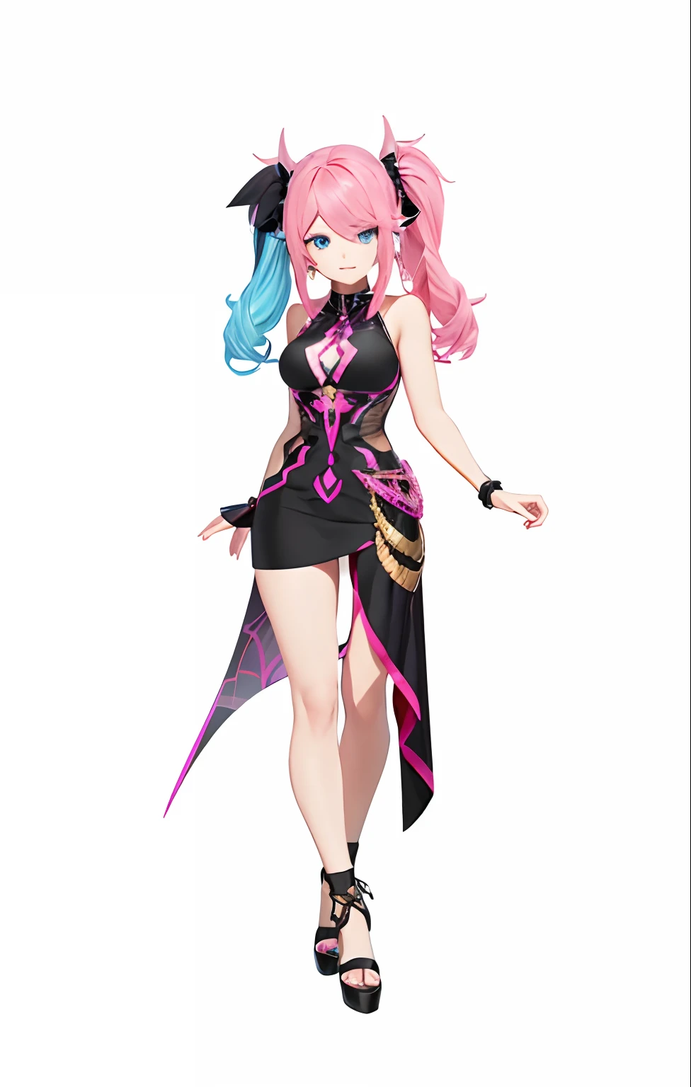 Mira Fermin (Bakugan human: 1.8) with pink long hair blue eyes in a black with pink cotton dress, Anime, Anime art germ, Anime styled digital art, realistic anime, 3d anime, Extremely detailed.