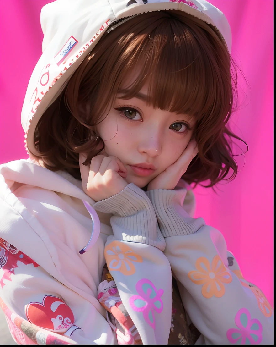 Korean, Human , Realistic, Brown hair , Bangs , Curly , Hime Cut , Kawai Hoodie ,Human , Realistic, UHD ,8K