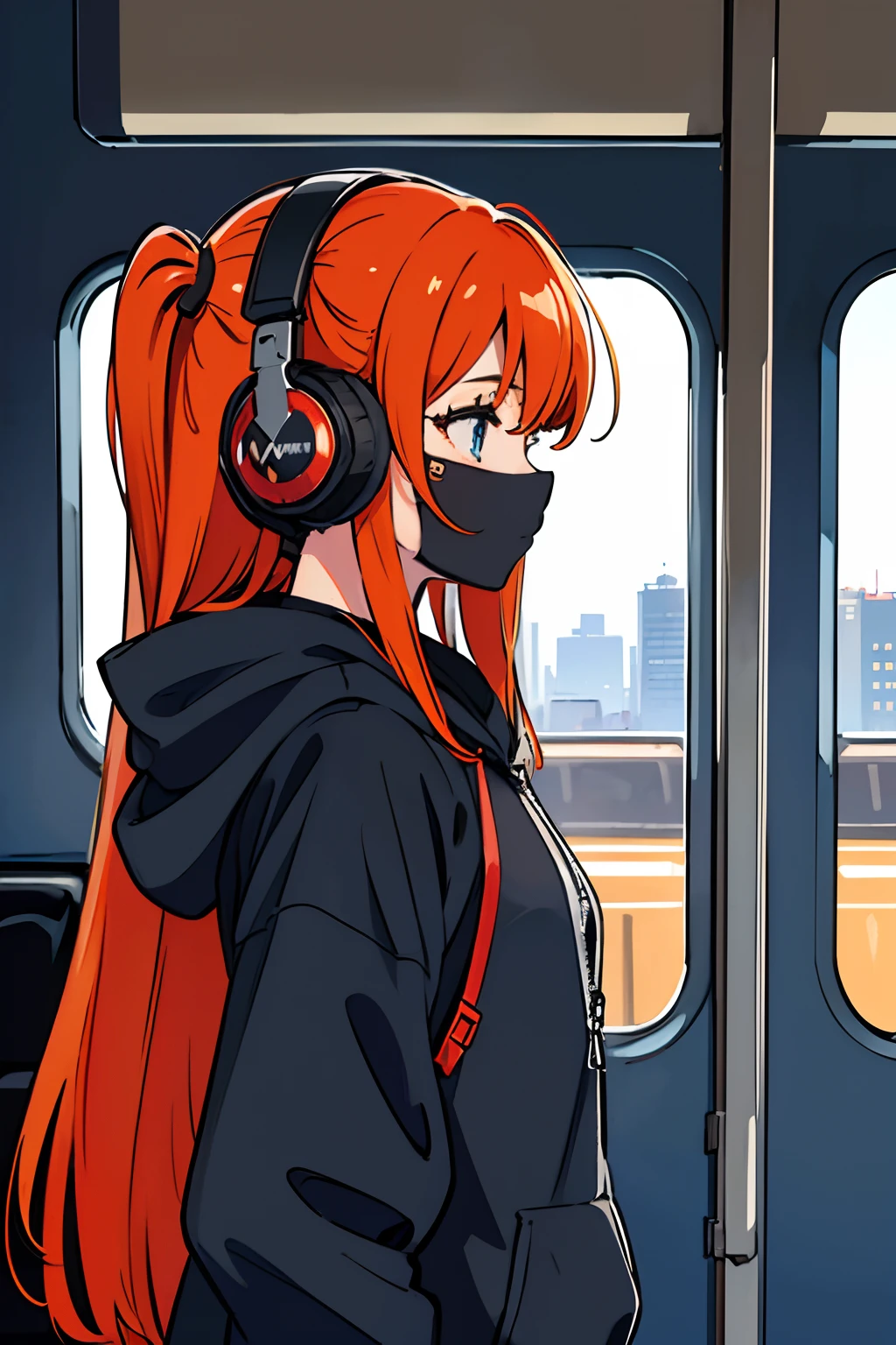 (masterpiece, sidelighting, ultra-detailed, finely detailed beautiful eyes: 1.2), 1girl, bag, building, from side, headphones, hood, hood down, hooded jacket, hoodie, jacket, long hair, orange hair, profile, red hair, solo, train, train interior, upper body, Masterpiece, best quality