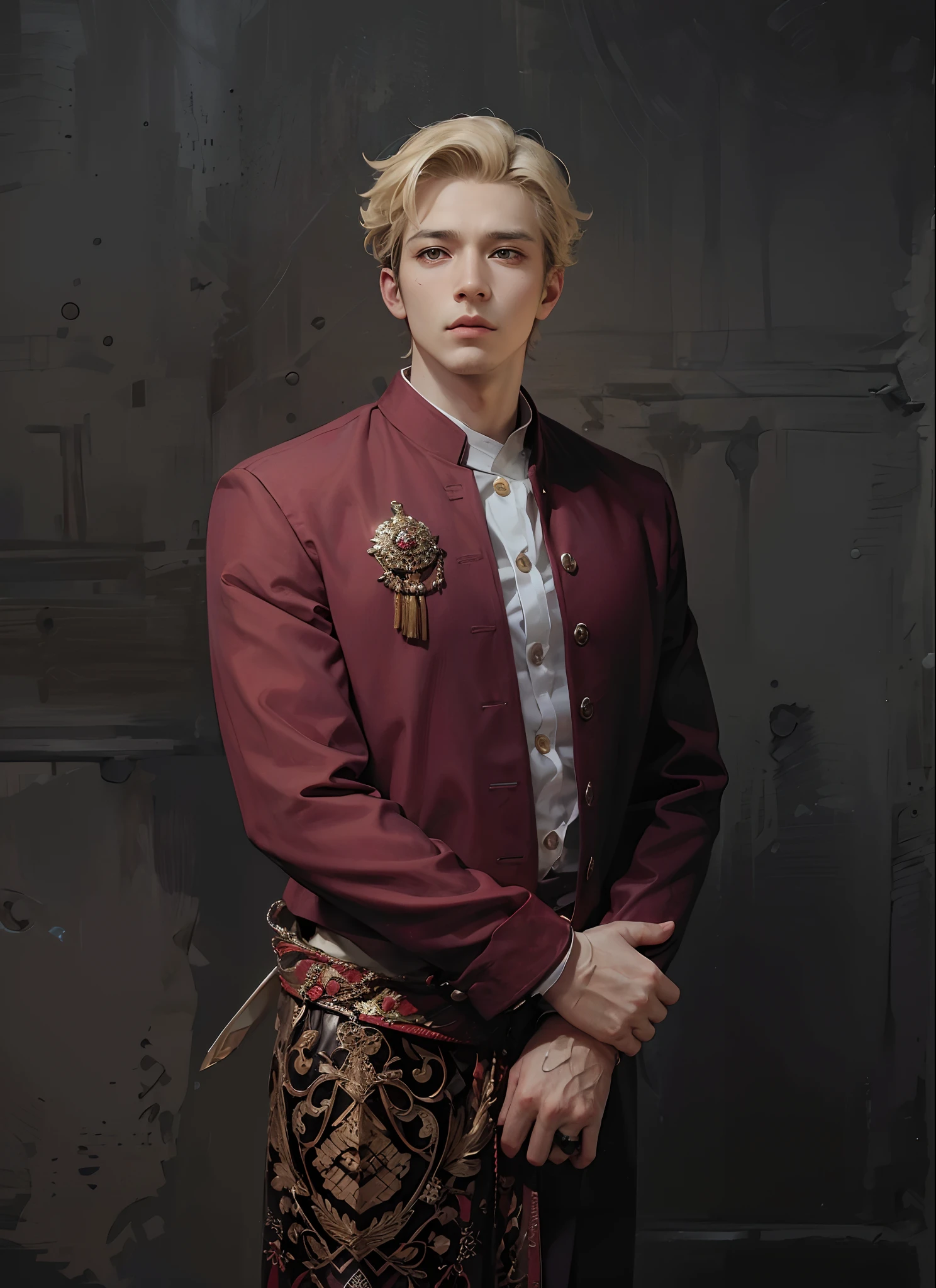 (best quality, masterpiece, 8K, photorealistic, cinematic lighting, hdr image, ultra detailed, beautiful image), 1 man, 31 years old, mature man, very handsome, wearing traditional Indonesian clothing, (without expression, serious), short blonde hair, black eyes ( penetrating gaze), imposing posture,