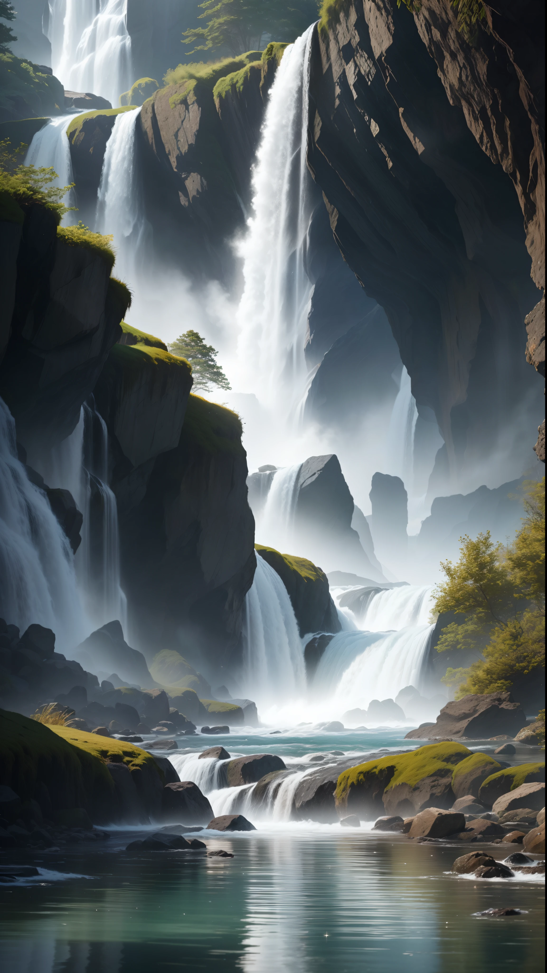 A chaotic rushing waterfall in a serene beautiful landscape, ray tracing, detailed reflections, Intricate, High Detail, dramatic, best quality masterpiece, photorealistic, detailed, 8k, HDR, backlighting, bloom, light sparkles, chromatic aberration, sharp focus